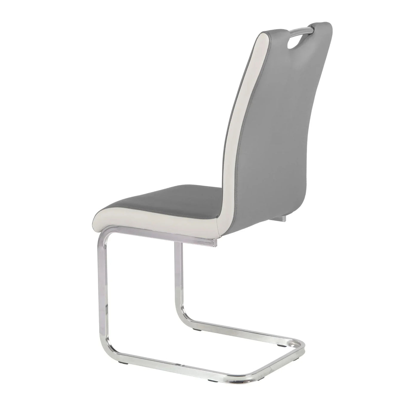 Modern grey dining chair with chrome cantilever frame and white trim, side angle view