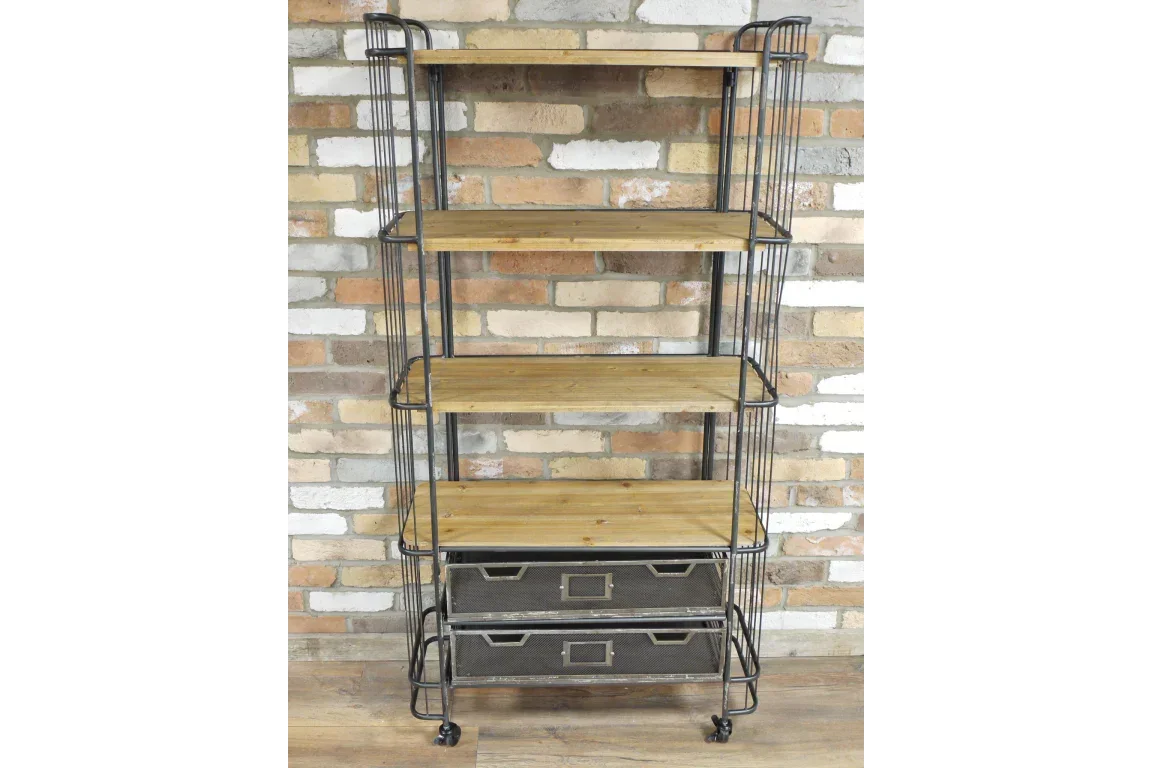 Industrial shelving unit with four wooden shelves and two metal mesh drawers on wheels