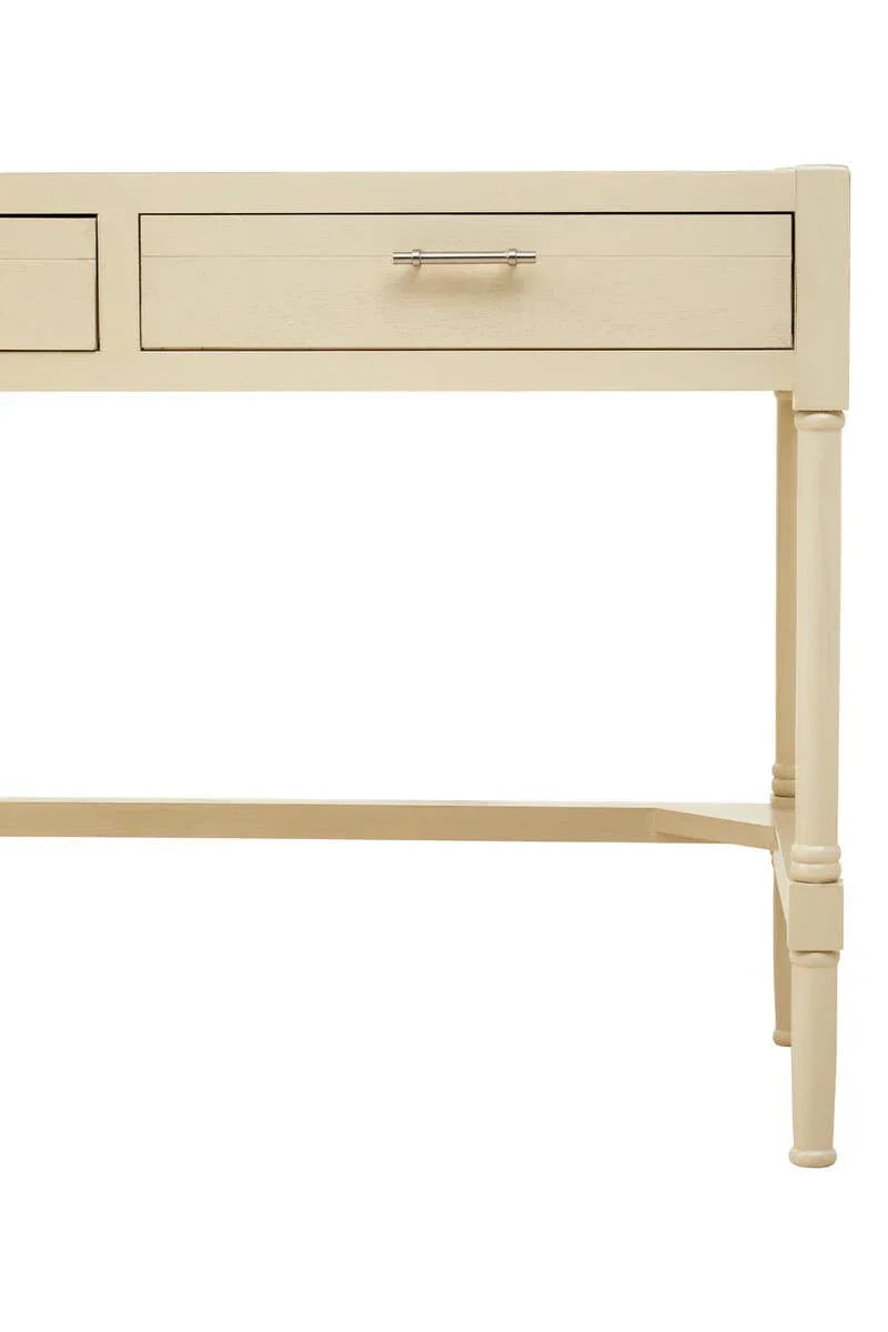 Light wood console table with single drawer and metal handle, partial front leg view