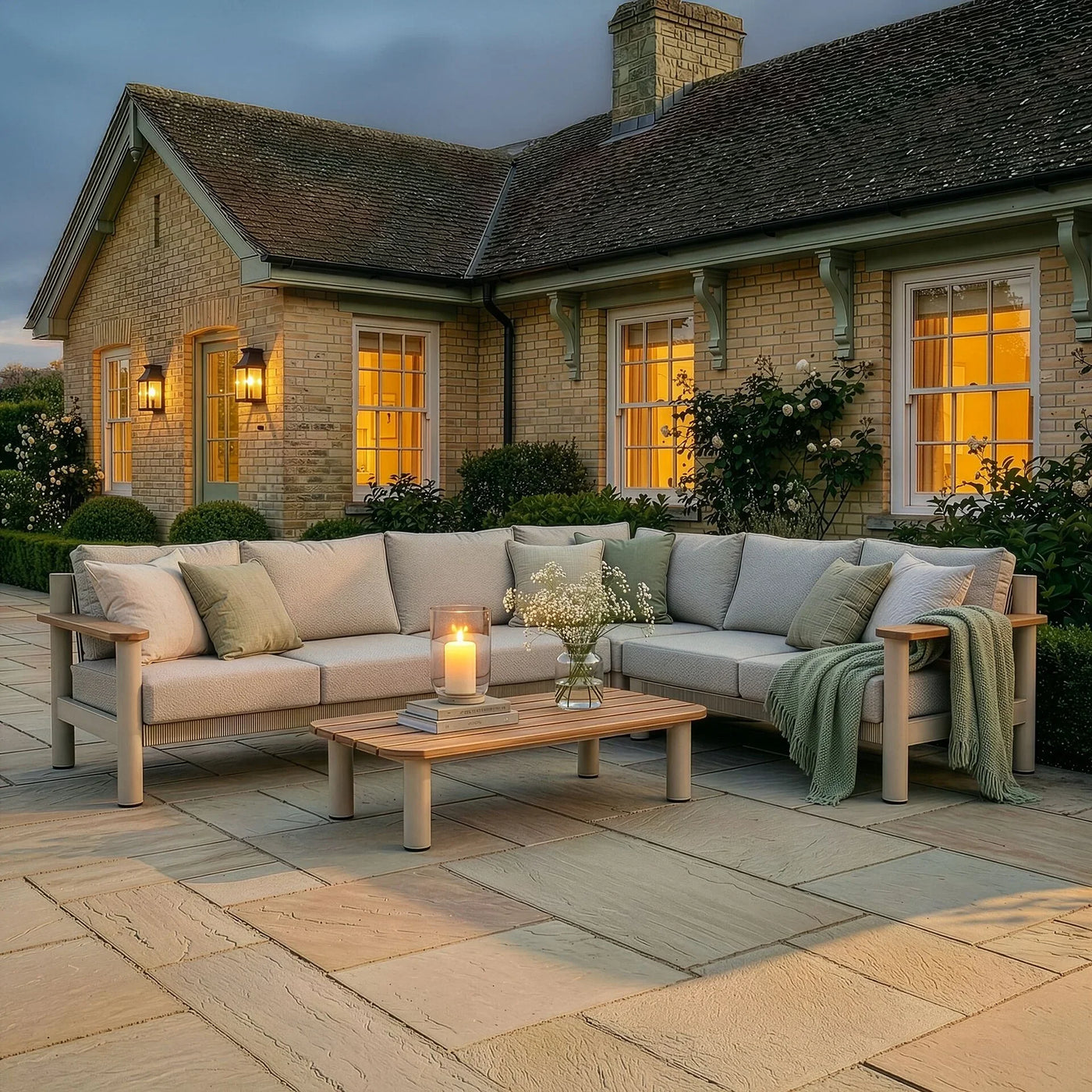 Outdoor patio sofa set with beige cushions and coffee table at sunset