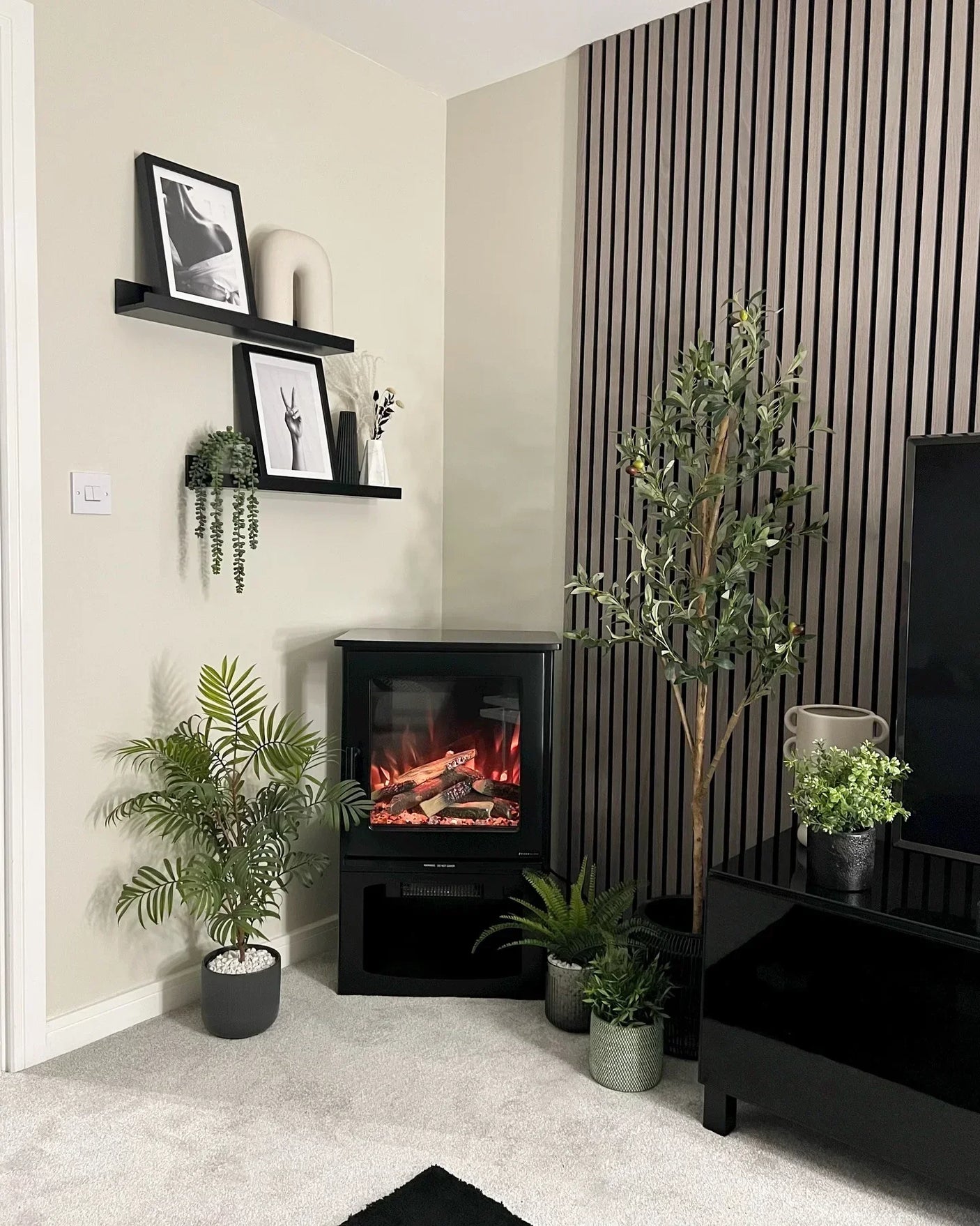 Electric stove fire with artificial plants and black shelving in modern living room corner