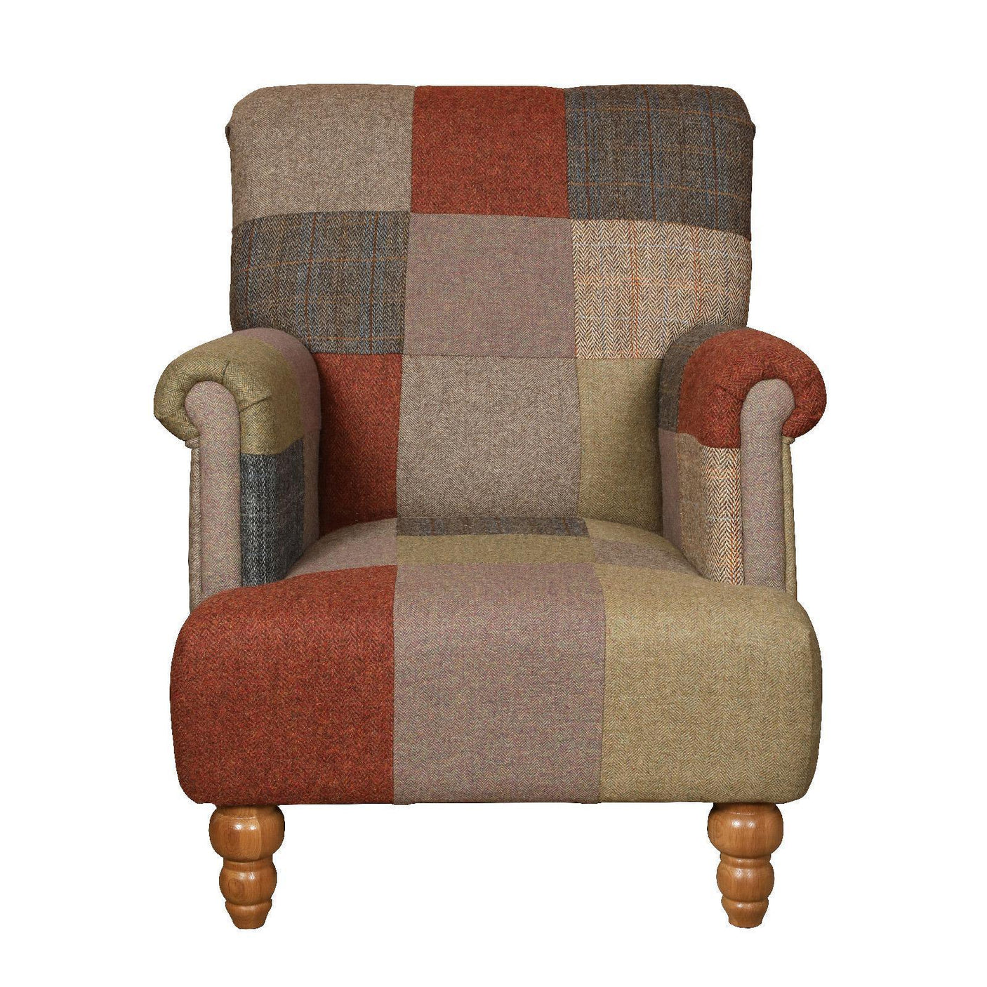 Patchwork accent armchair with upholstered fabric and wooden legs, front view