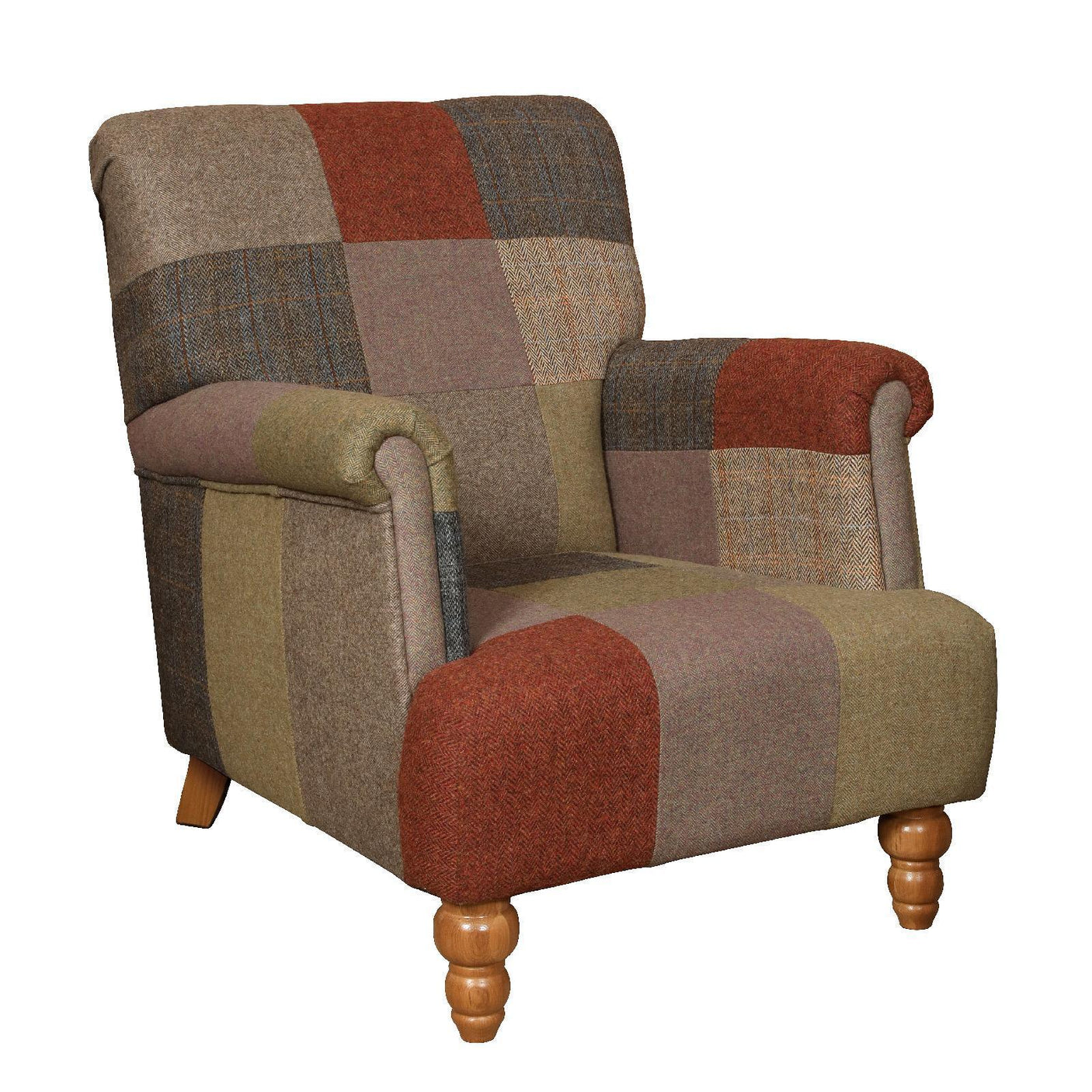 Patchwork fabric armchair with rolled arms and wooden legs, brown and rust upholstery