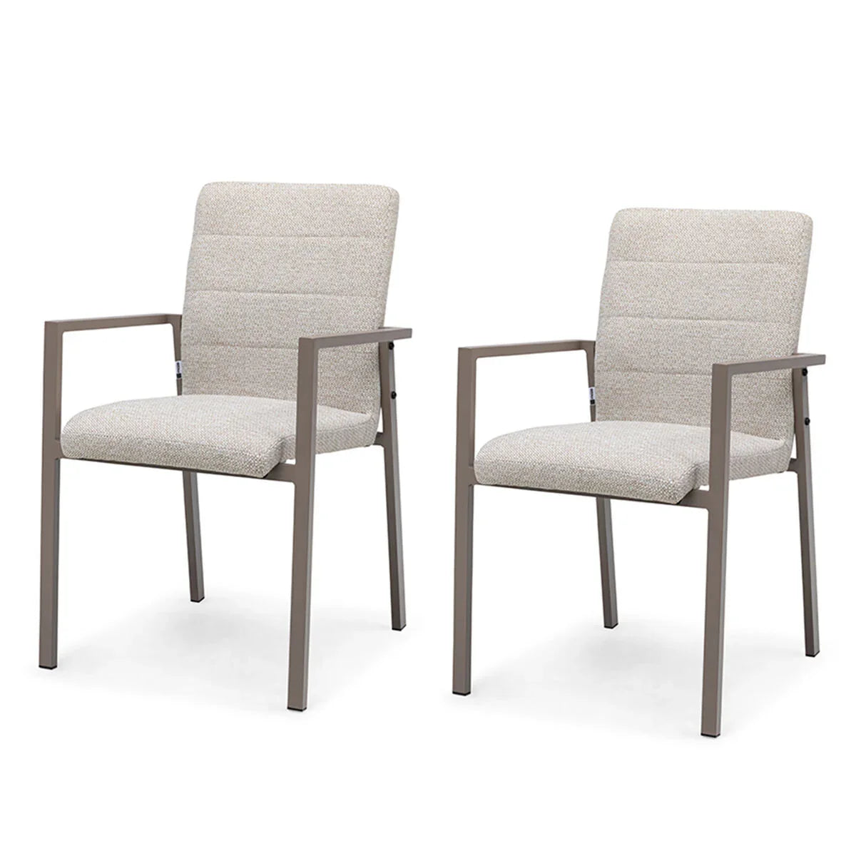 Pair of modern fabric dining chairs with taupe metal frame and padded armrests