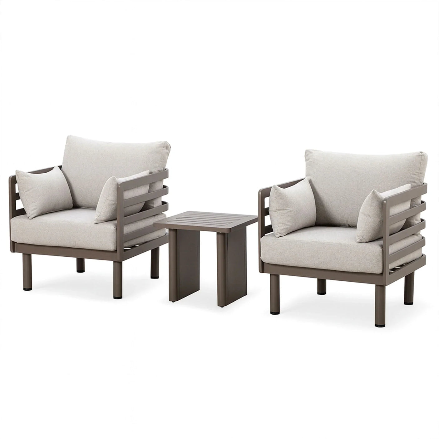 Outdoor garden furniture set with two cushioned armchairs and matching side table