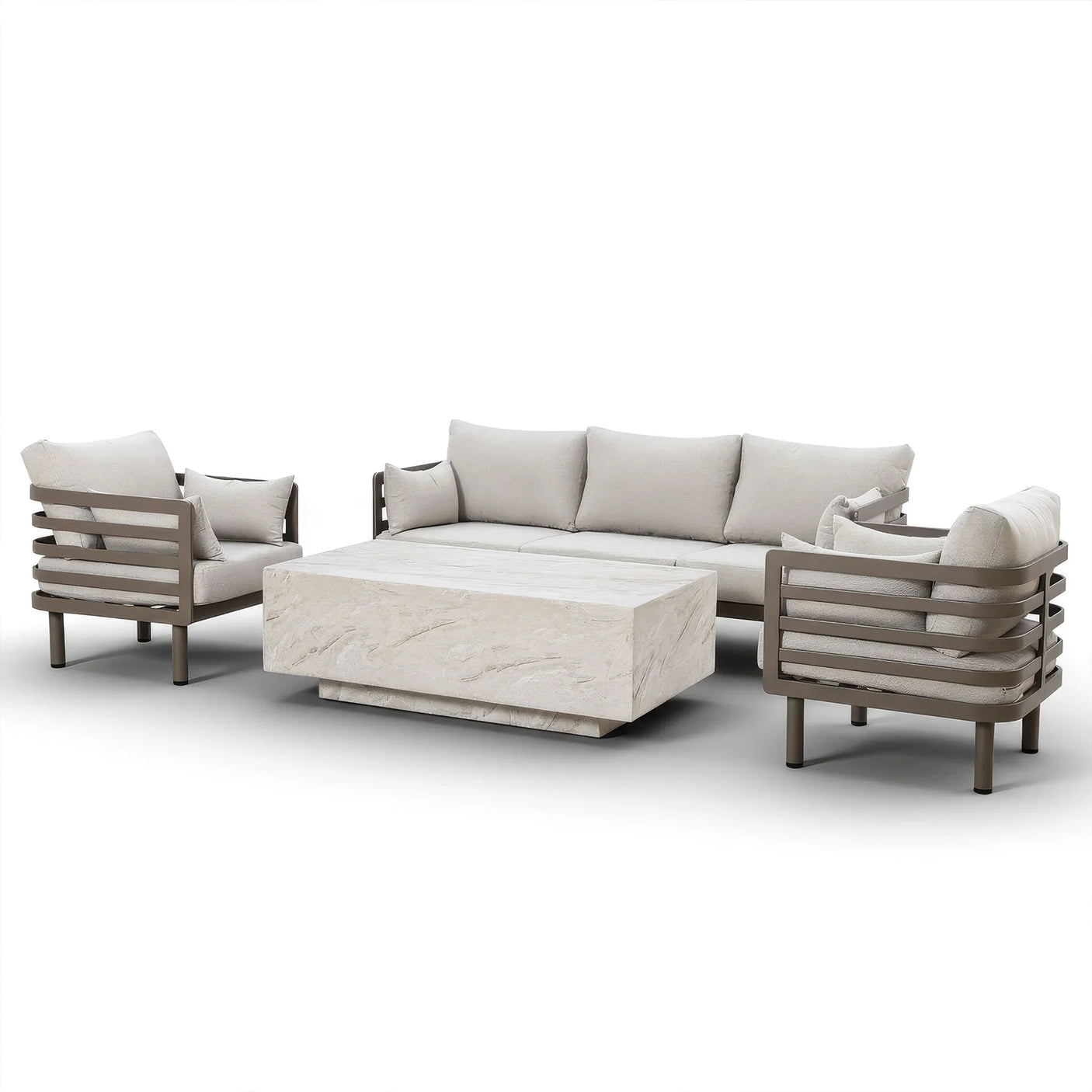 Modern outdoor sofa set with beige cushions and stone-effect coffee table