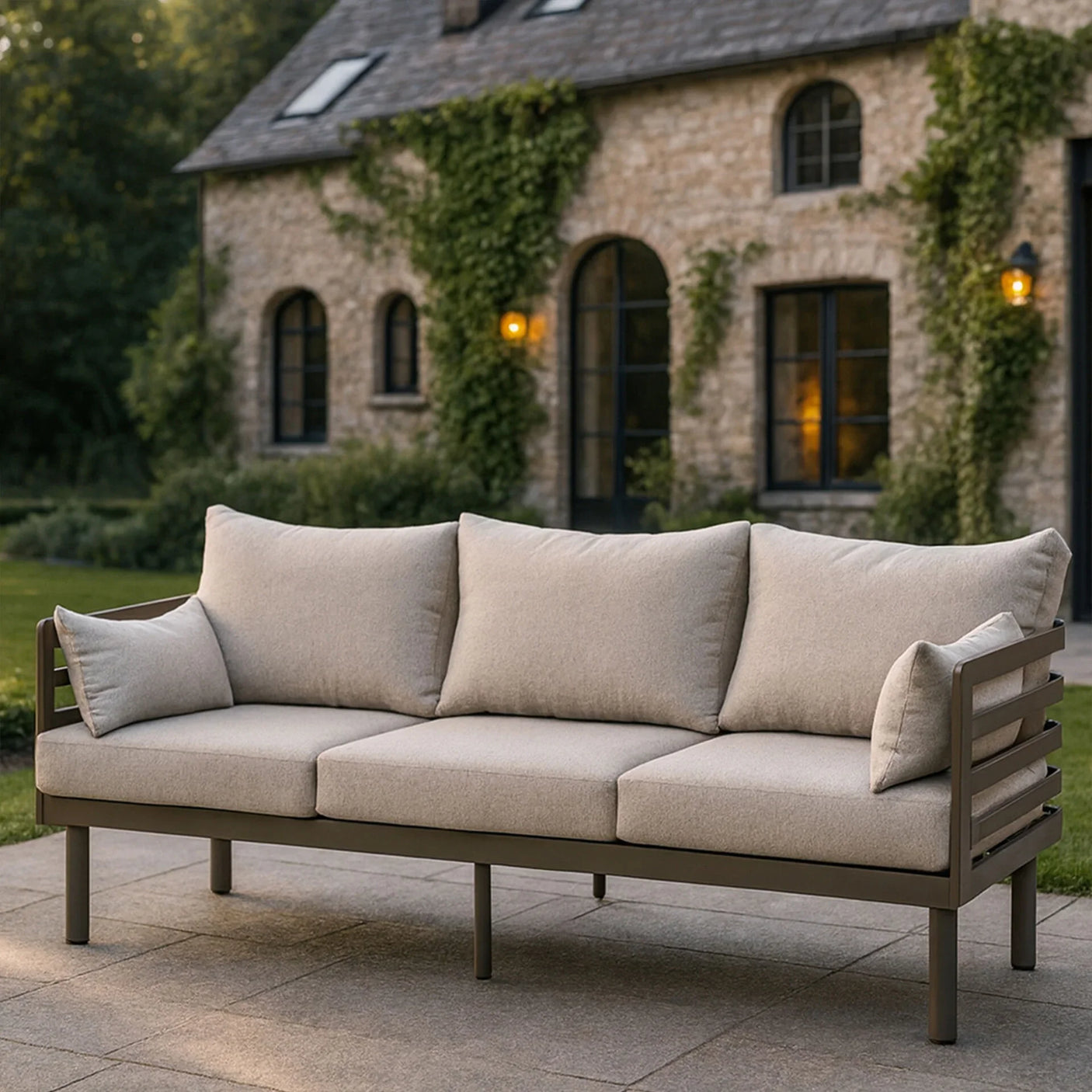 Beige outdoor sofa with metal frame and cushions on a patio in front of stone house