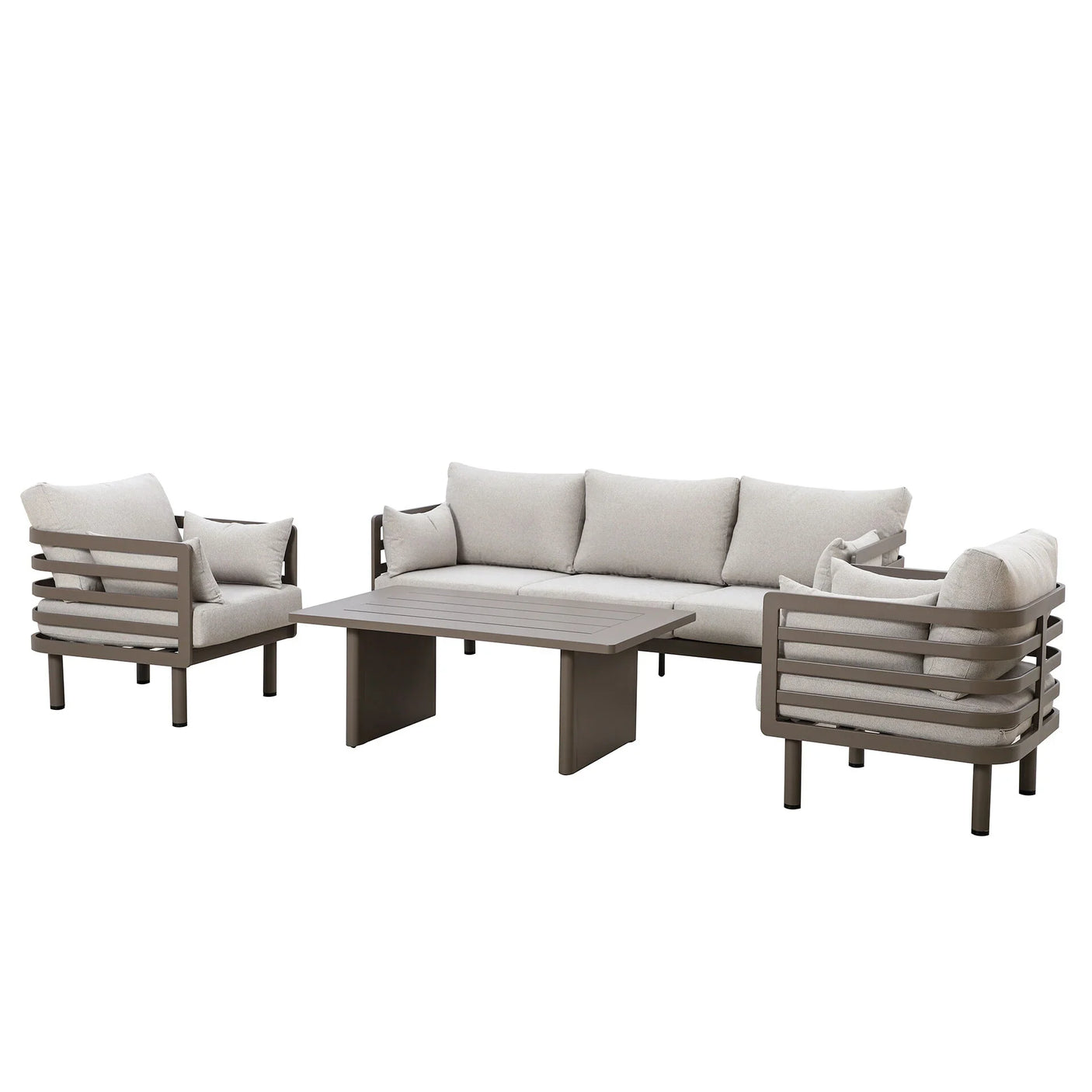 Modern outdoor sofa set with beige cushions, two armchairs, and rectangular coffee table