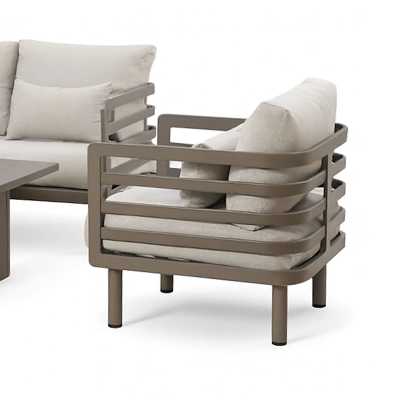 Taupe metal frame armchair with beige cushions, modern outdoor lounge furniture