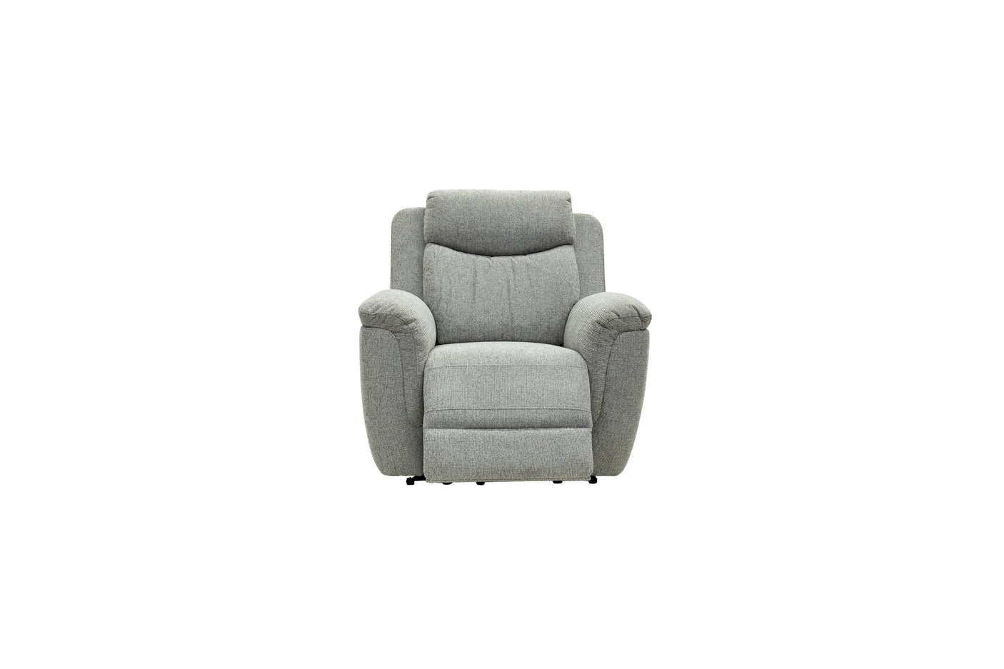 A light gray upholstered recliner chair with a high back and padded armrests, shown from the front on a plain white background.