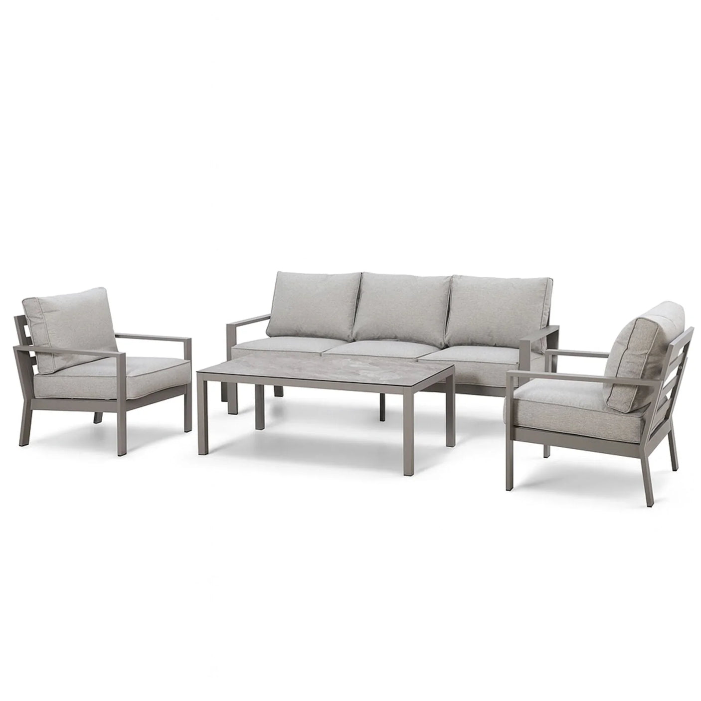 Grey outdoor garden sofa set with armchairs and rectangular coffee table