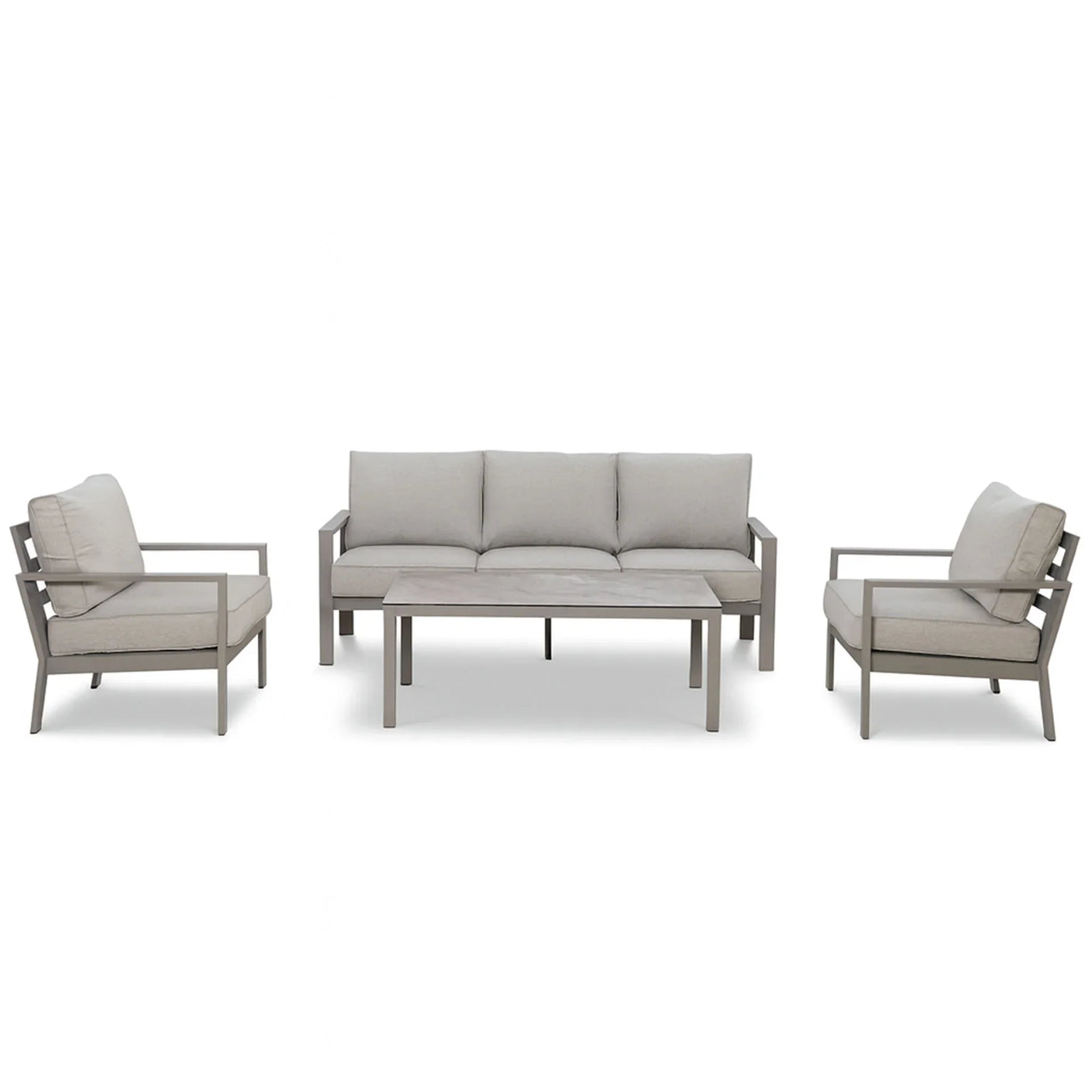 Modern aluminium garden furniture set with grey sofa, two chairs, and matching table