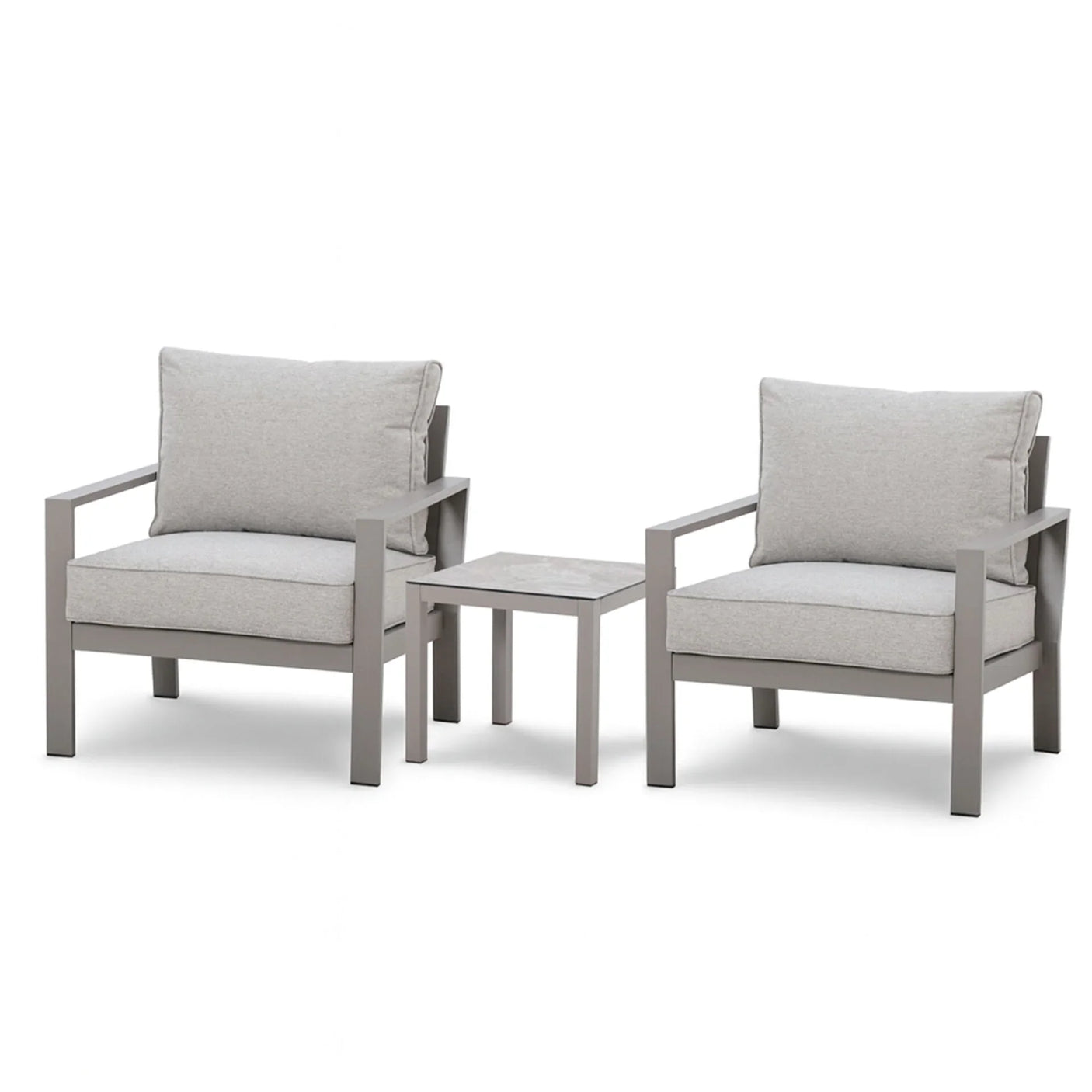 Light grey garden lounge chair set with matching square side table and cushions