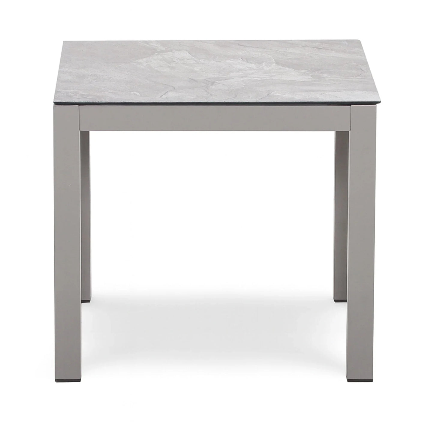 Square grey dining table with metal legs and marble effect tabletop, front view