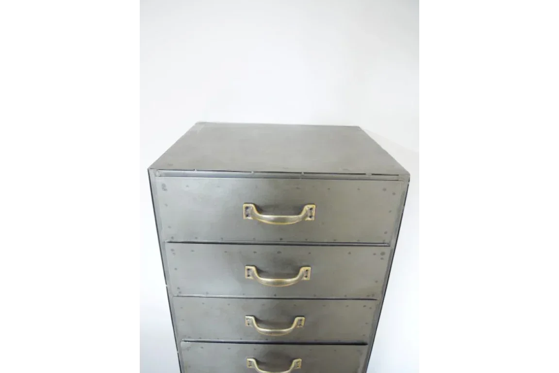 Metal chest of drawers with five drawers and brass handles, industrial furniture style