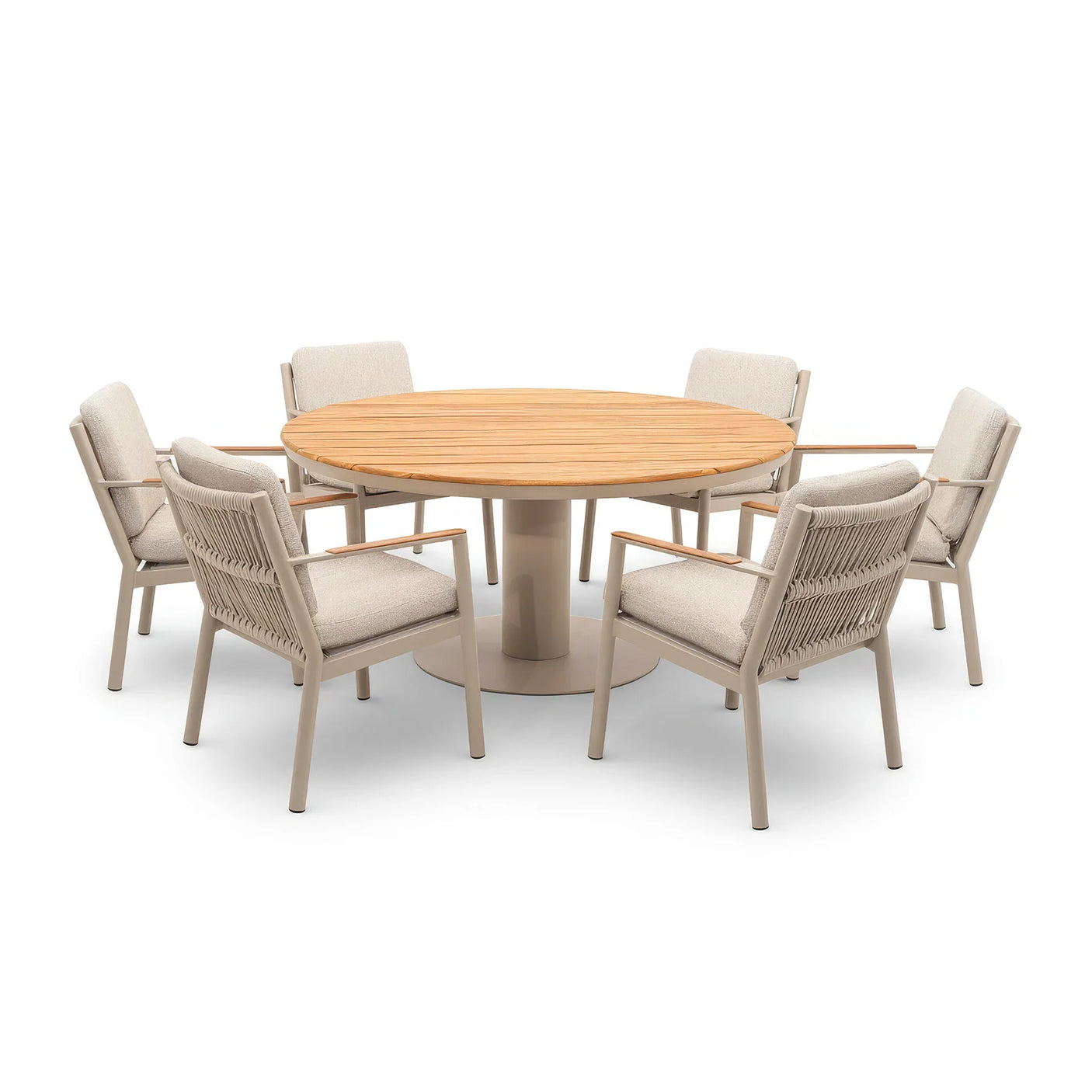 Round wooden dining table with six beige cushioned armchairs and woven backrests