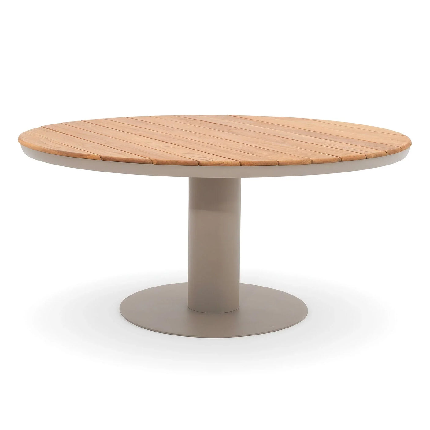 Round wooden dining table with slatted top and beige pedestal base, front angle view