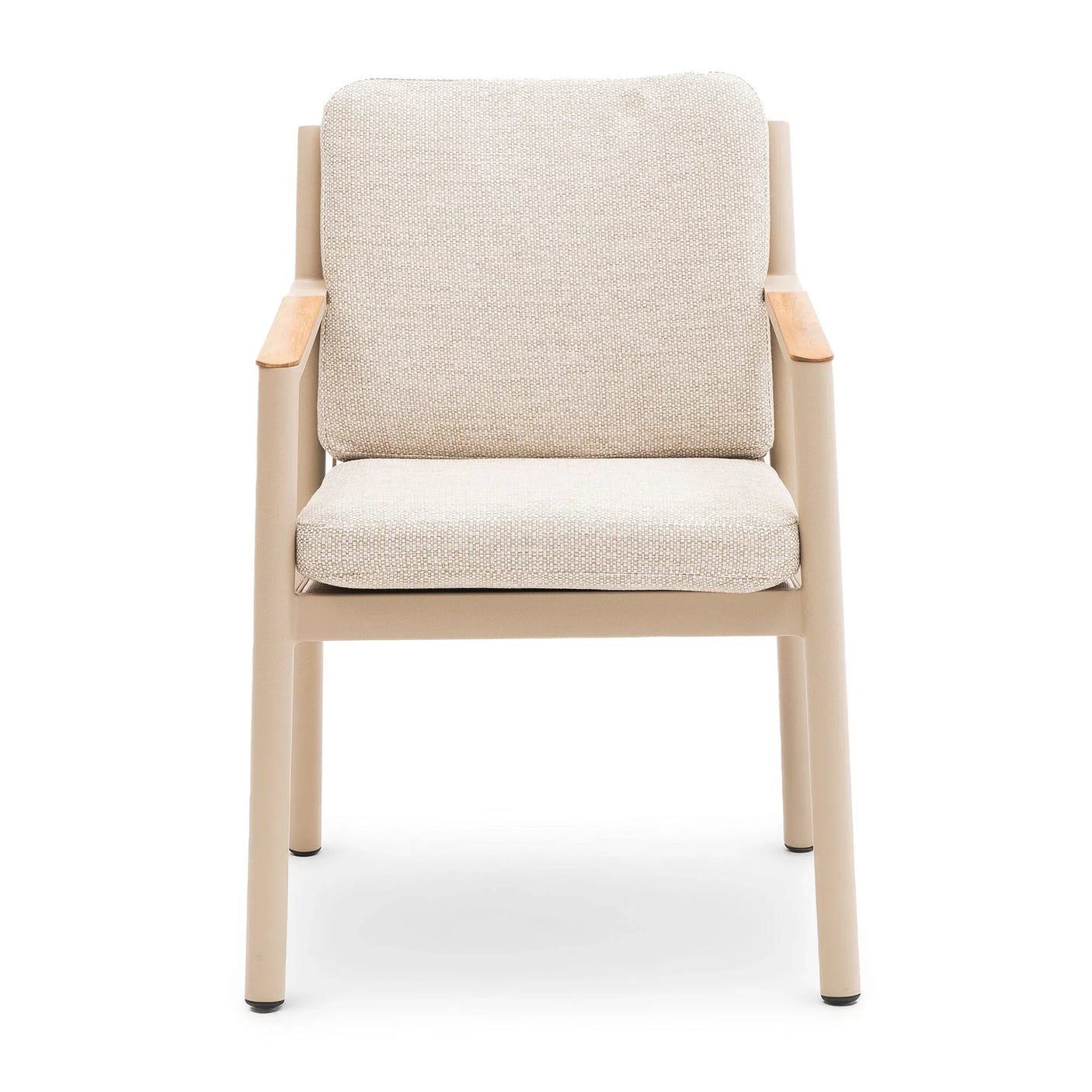 Beige fabric dining chair with cushioned seat, wooden armrests, and metal frame, front view