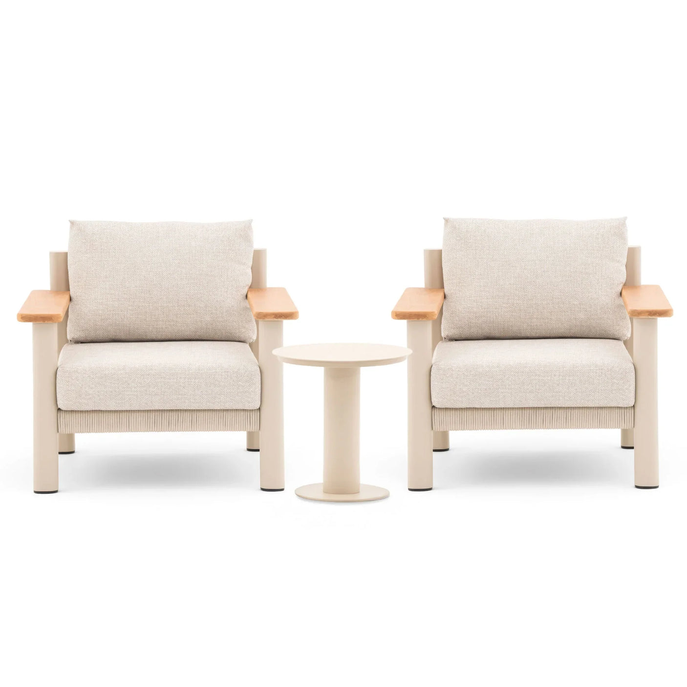 Beige armchair set with wood arms and matching round side table, front view