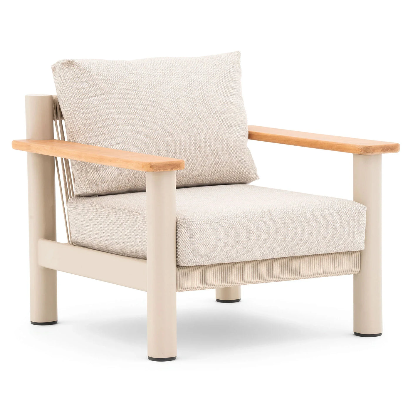 Beige armchair with light wood armrests and thick seat cushion, shown at an angle
