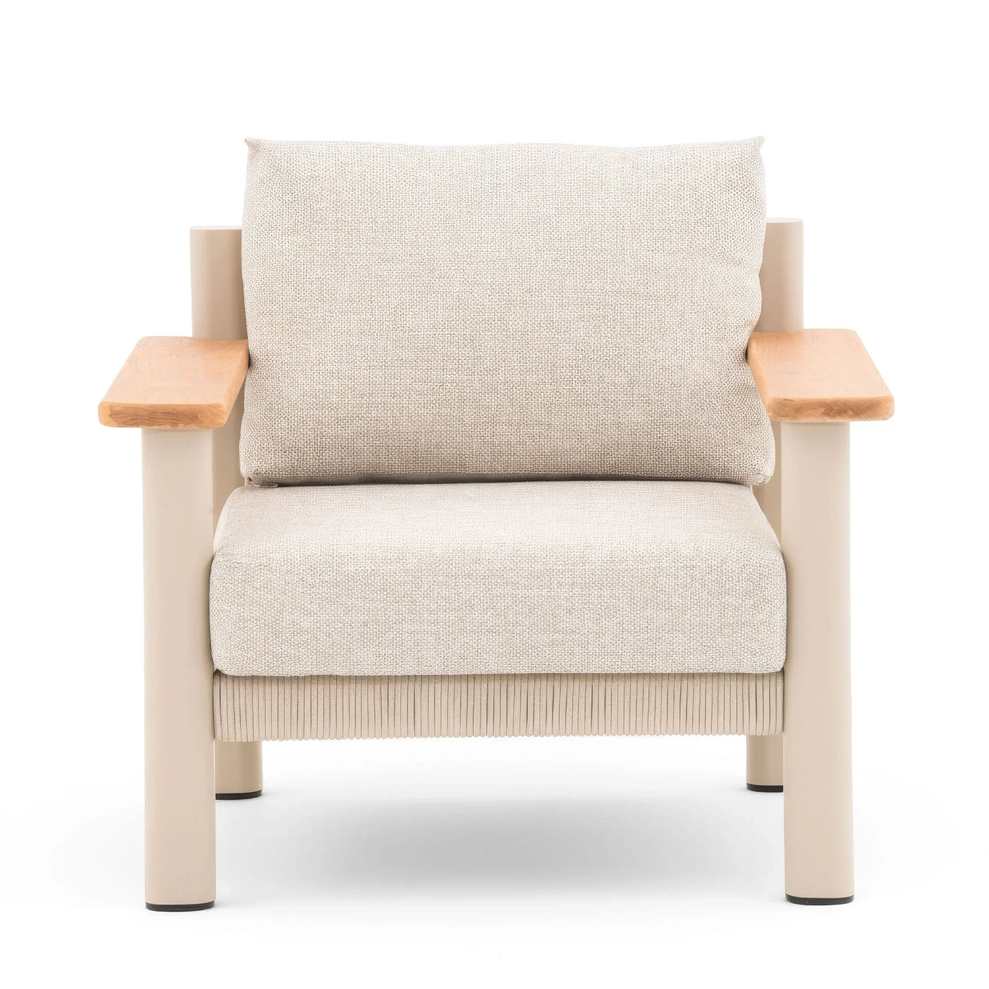 Beige fabric armchair with wooden armrests and metal legs, front view