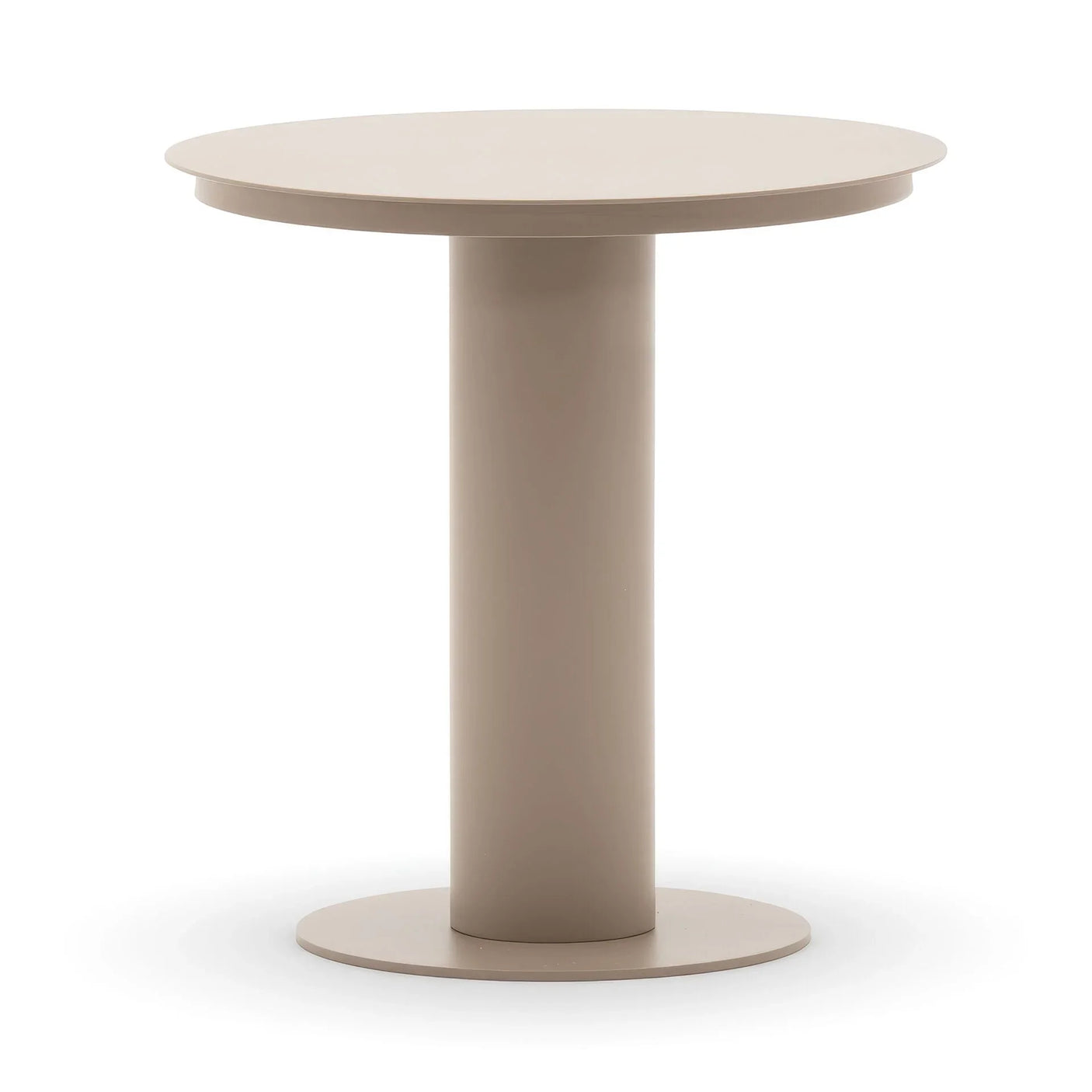 Round beige dining table with pedestal base on white background