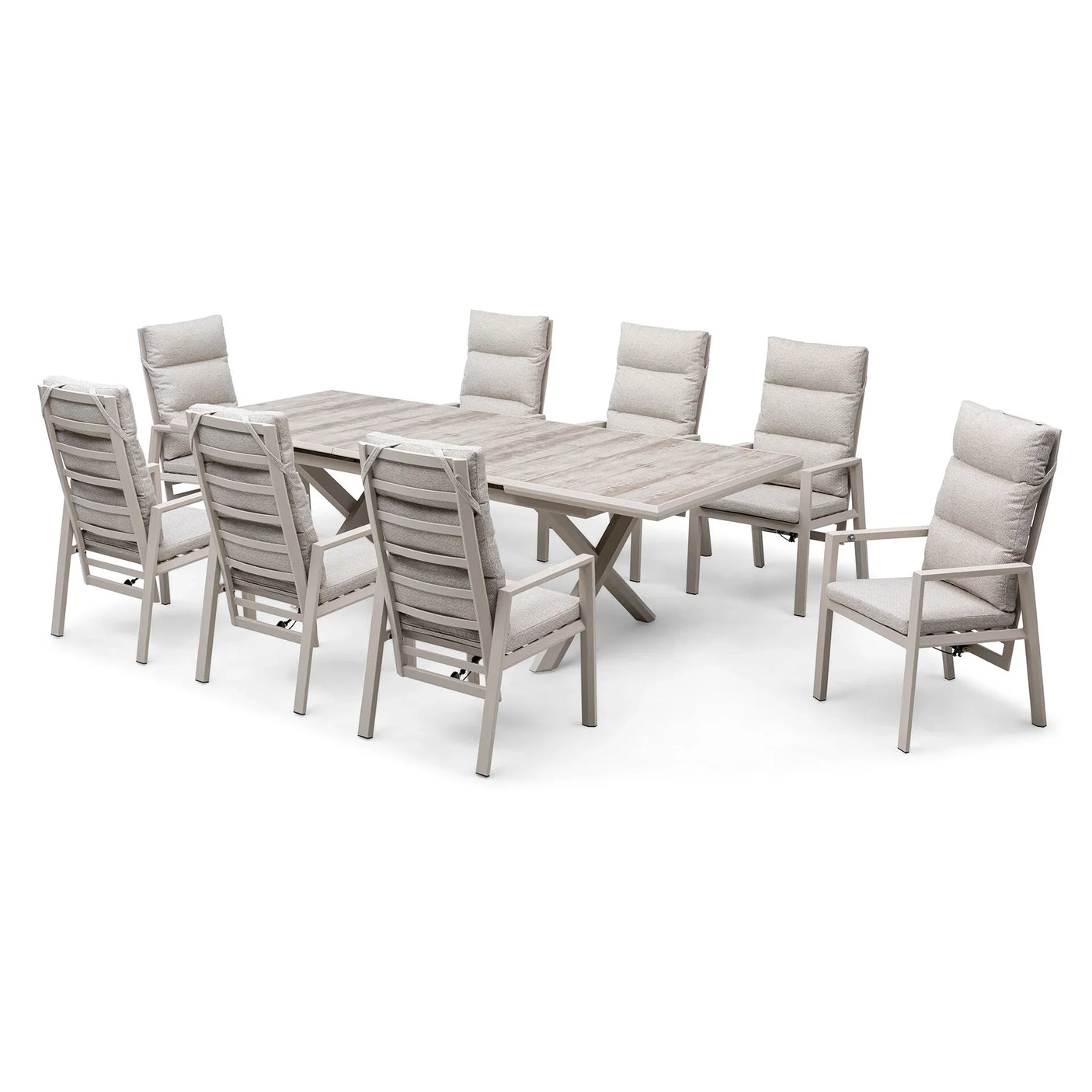 Large dining table with eight padded beige chairs, metal frames, light wood finish