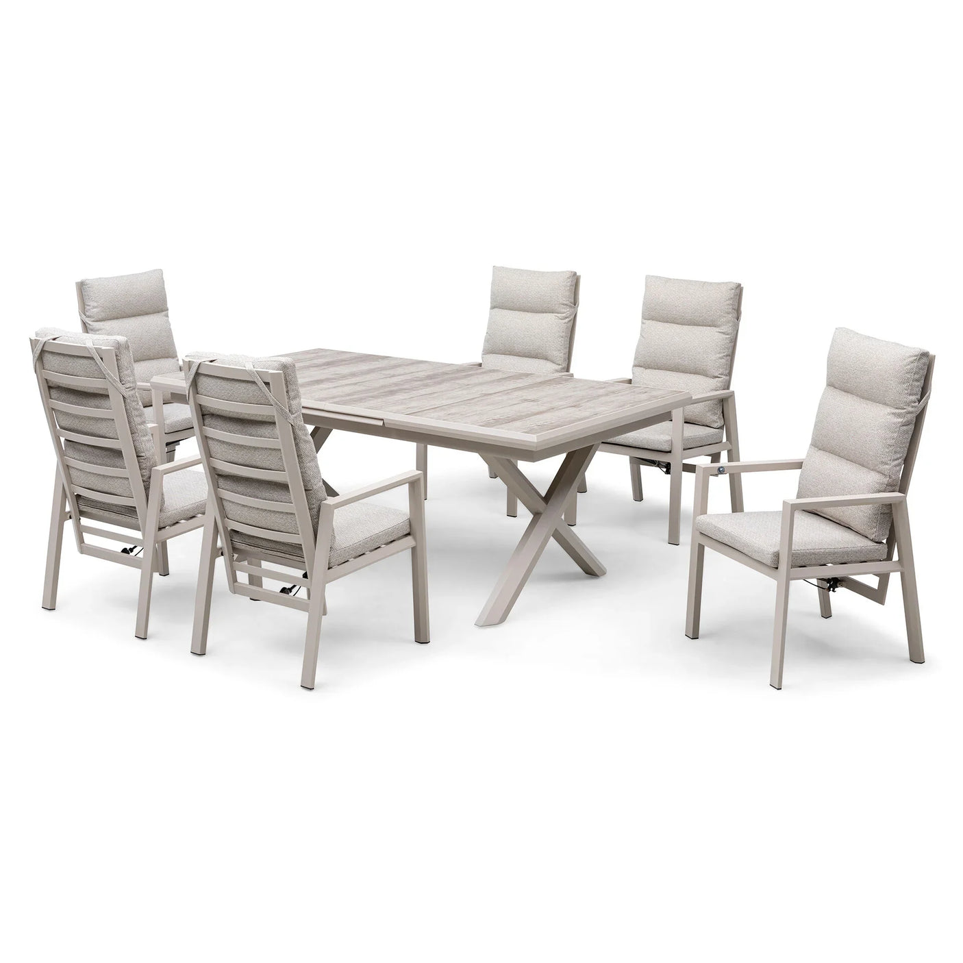Modern dining table set with six cushioned chairs and light wood finish on white background
