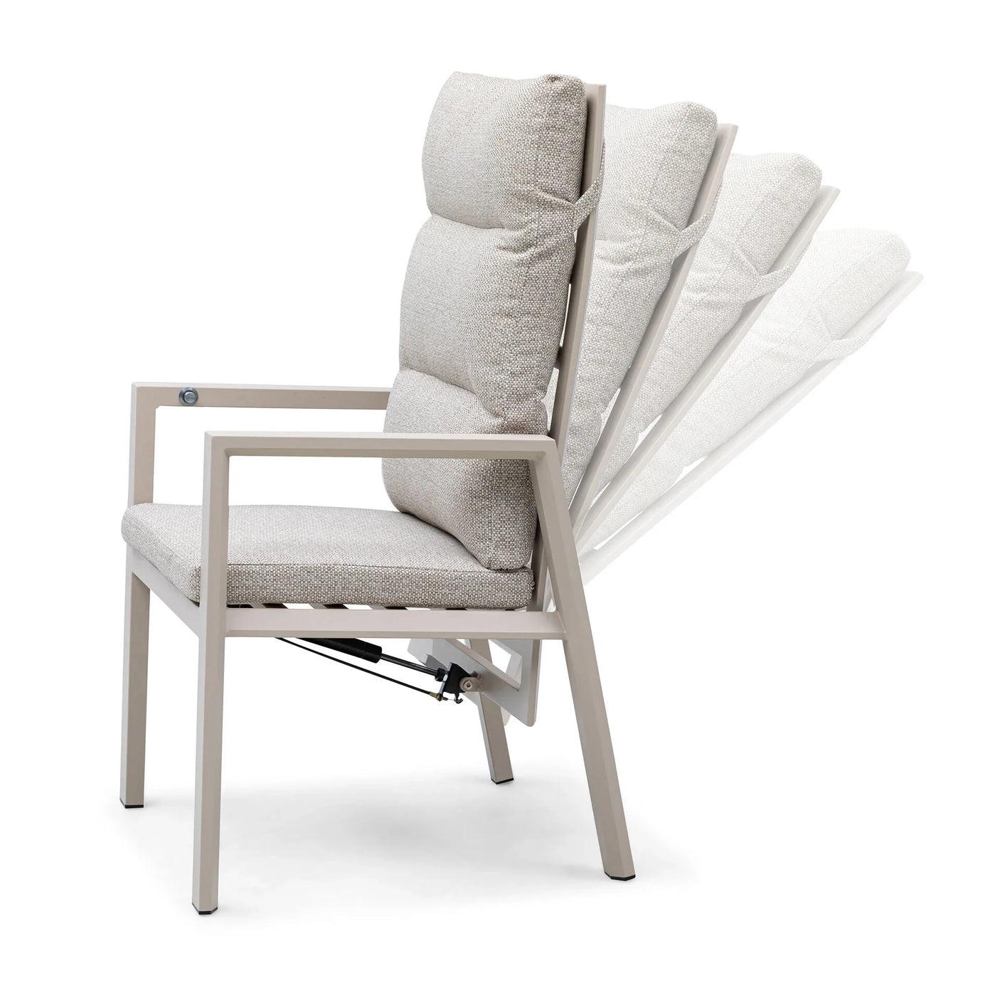 Beige cushioned reclining armchair with adjustable backrest and metal frame side view