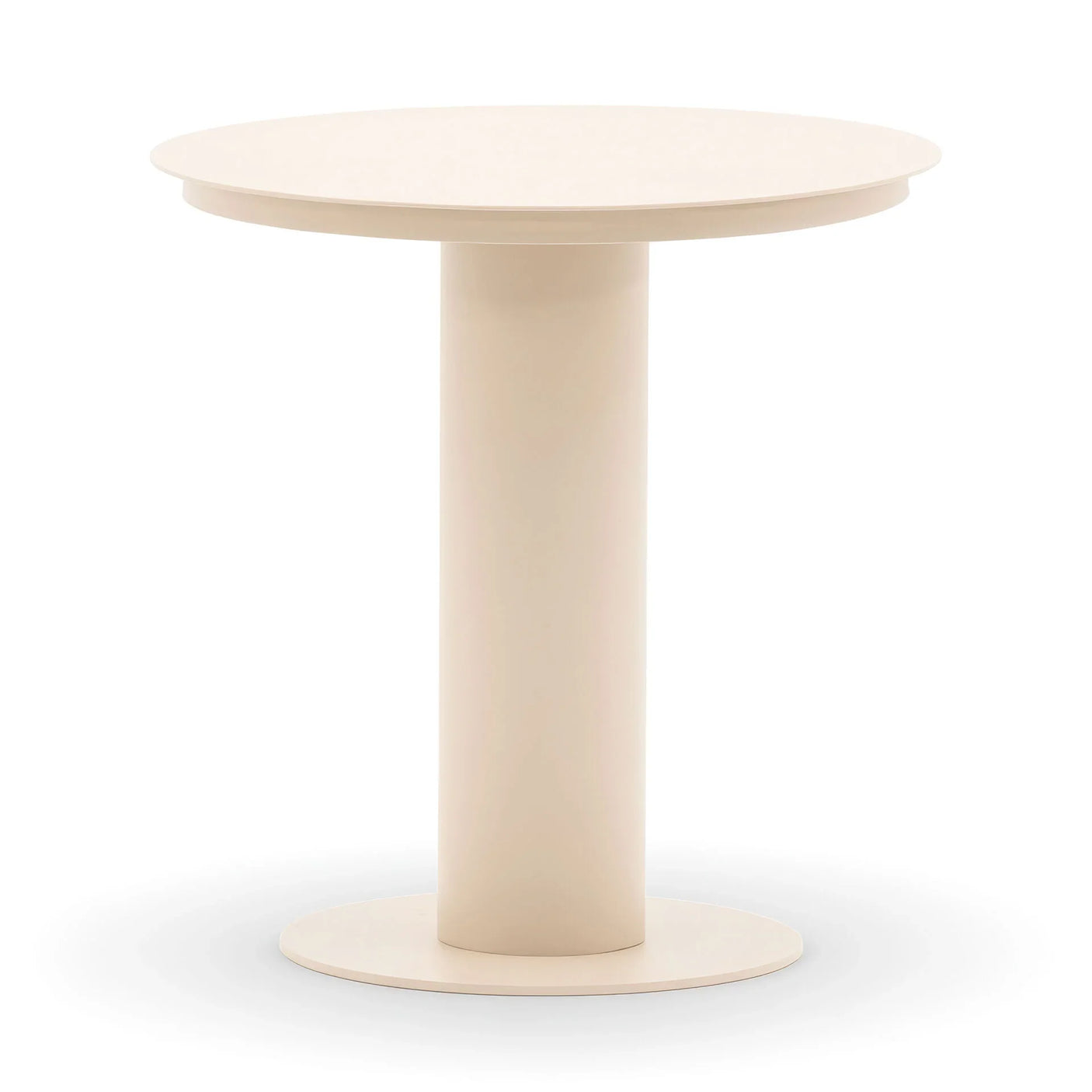 Round cream dining table with pedestal base on white background