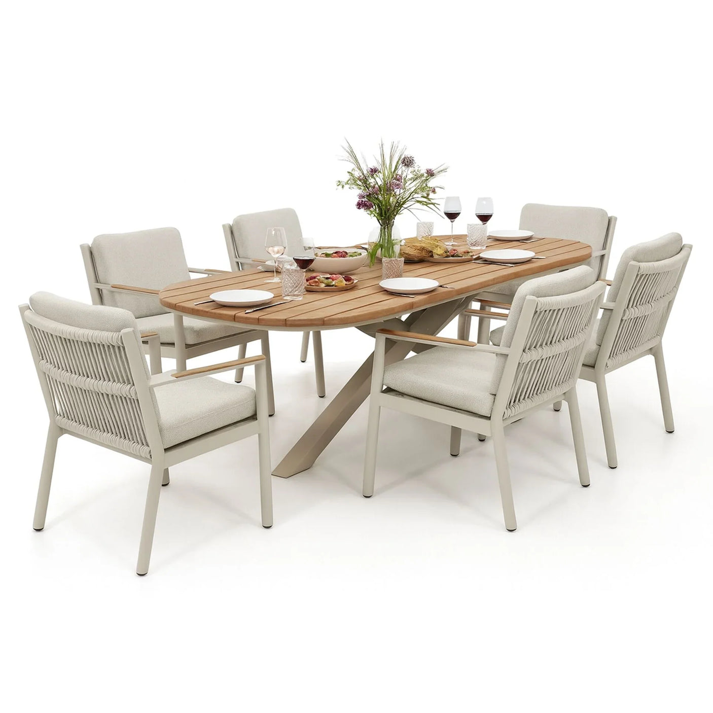 Outdoor dining set with wooden table and six rope-back chairs, table set for dinner