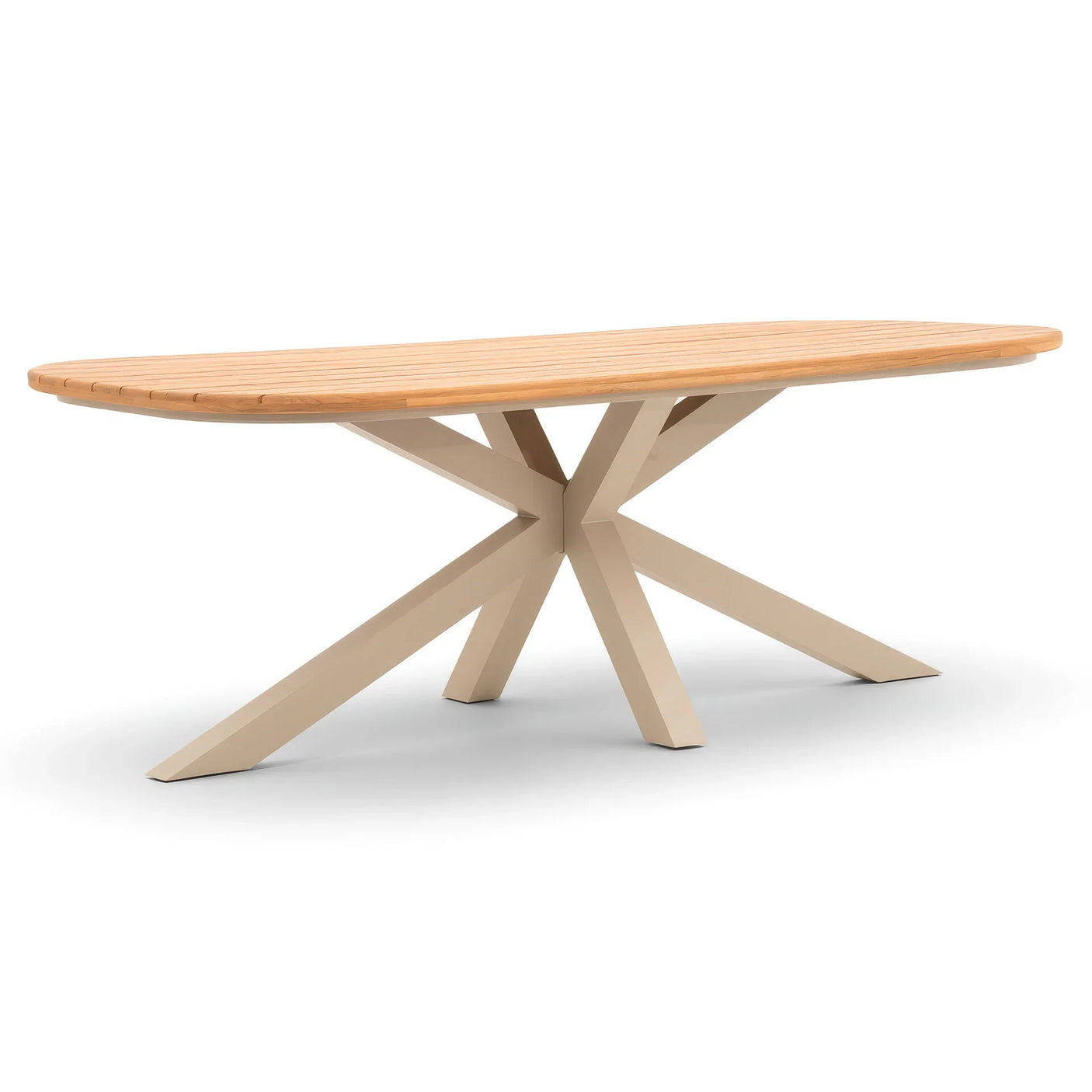 Rectangular wooden dining table with slatted top and beige splayed metal legs