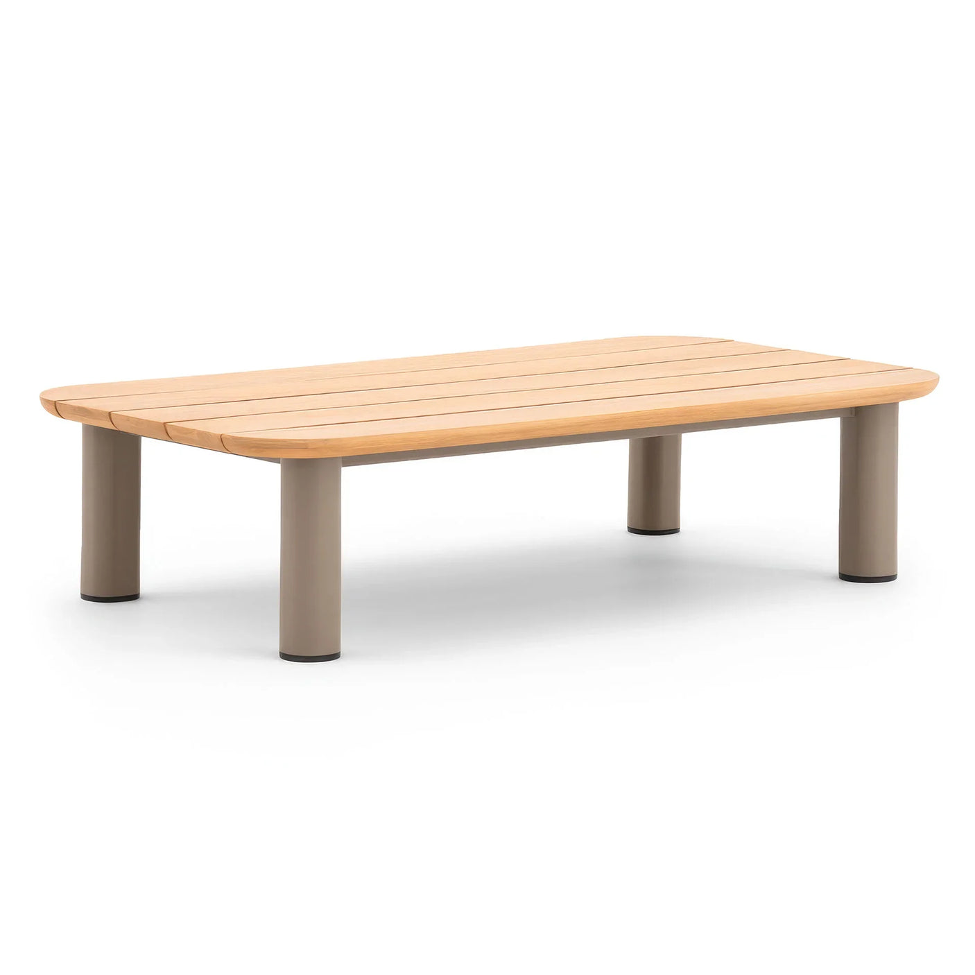Rectangular wooden coffee table with beige metal legs and slatted top on white background