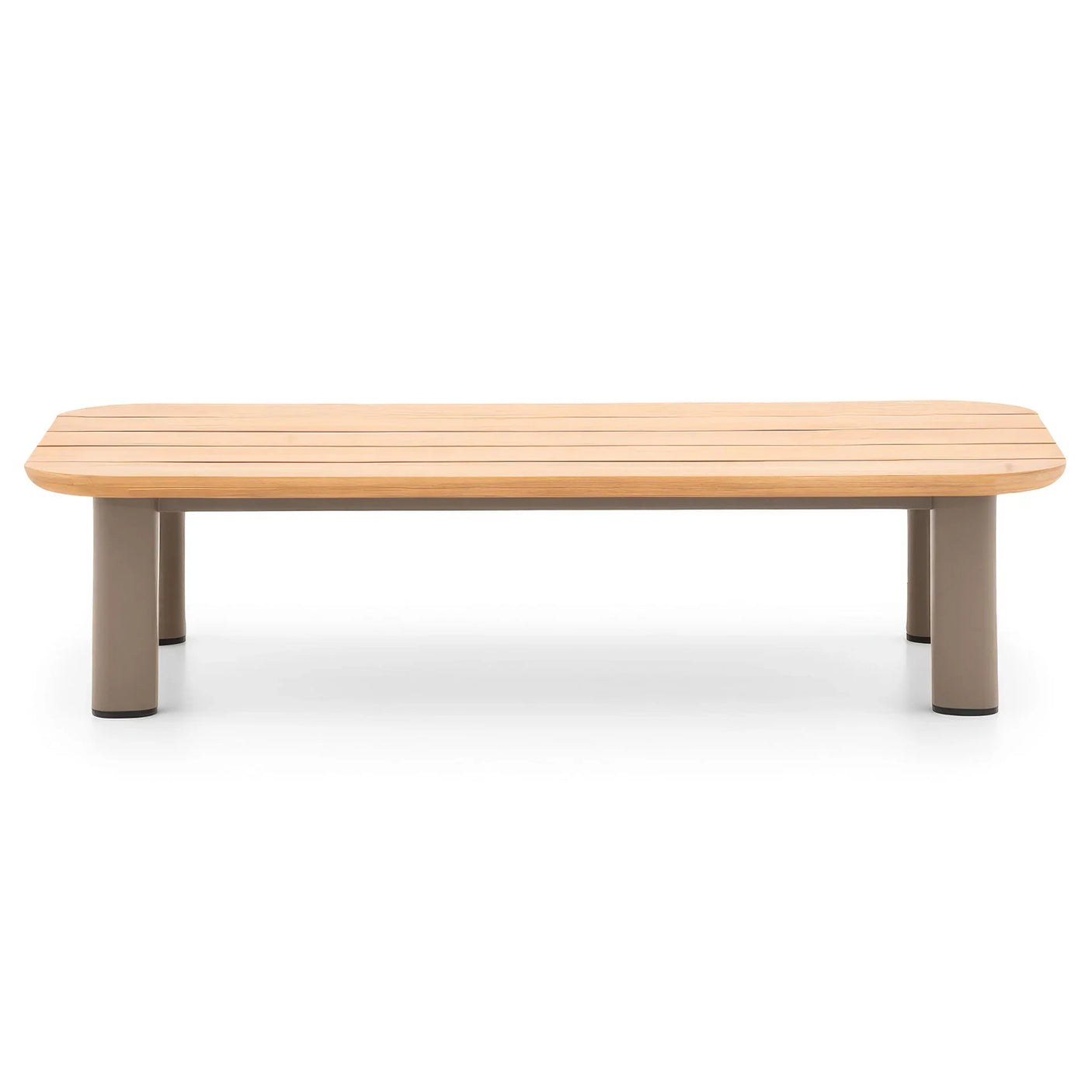 Rectangular wooden coffee table with rounded corners and taupe legs on white background