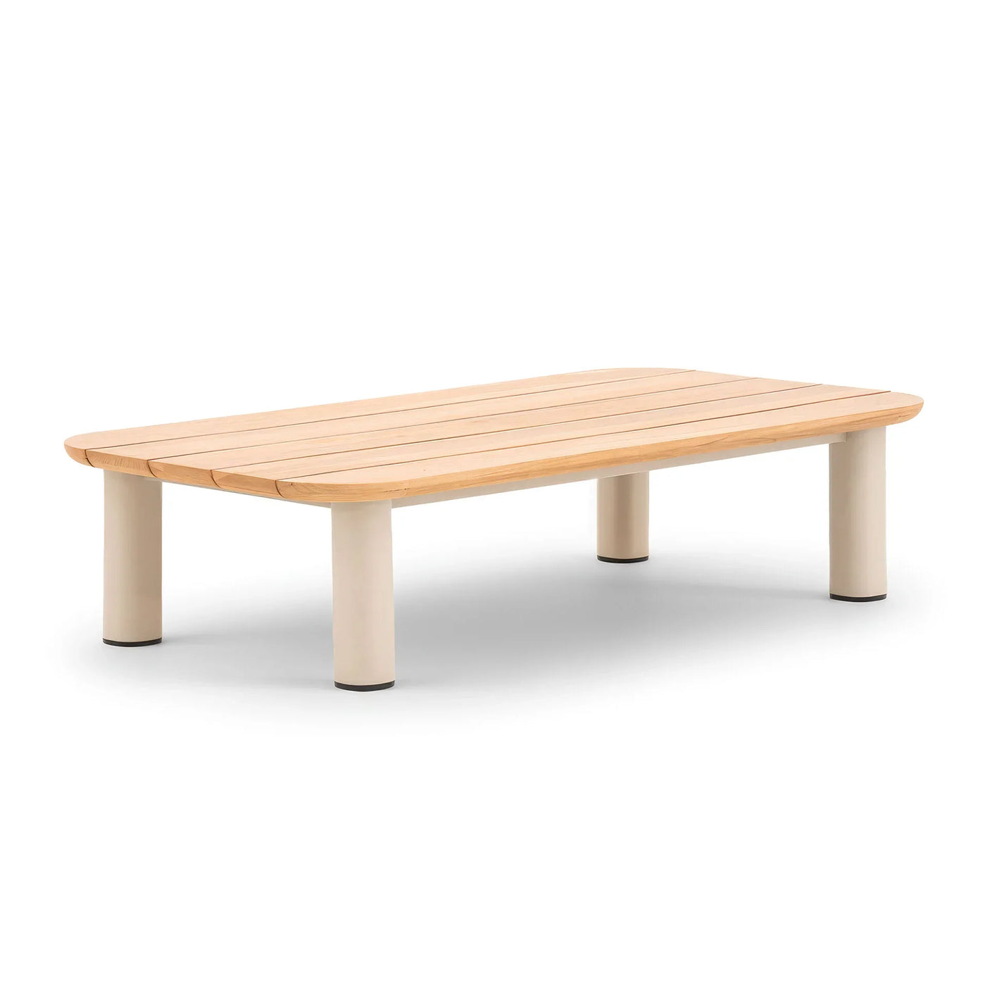 Rectangular wooden coffee table with light wood slats and cream cylindrical legs