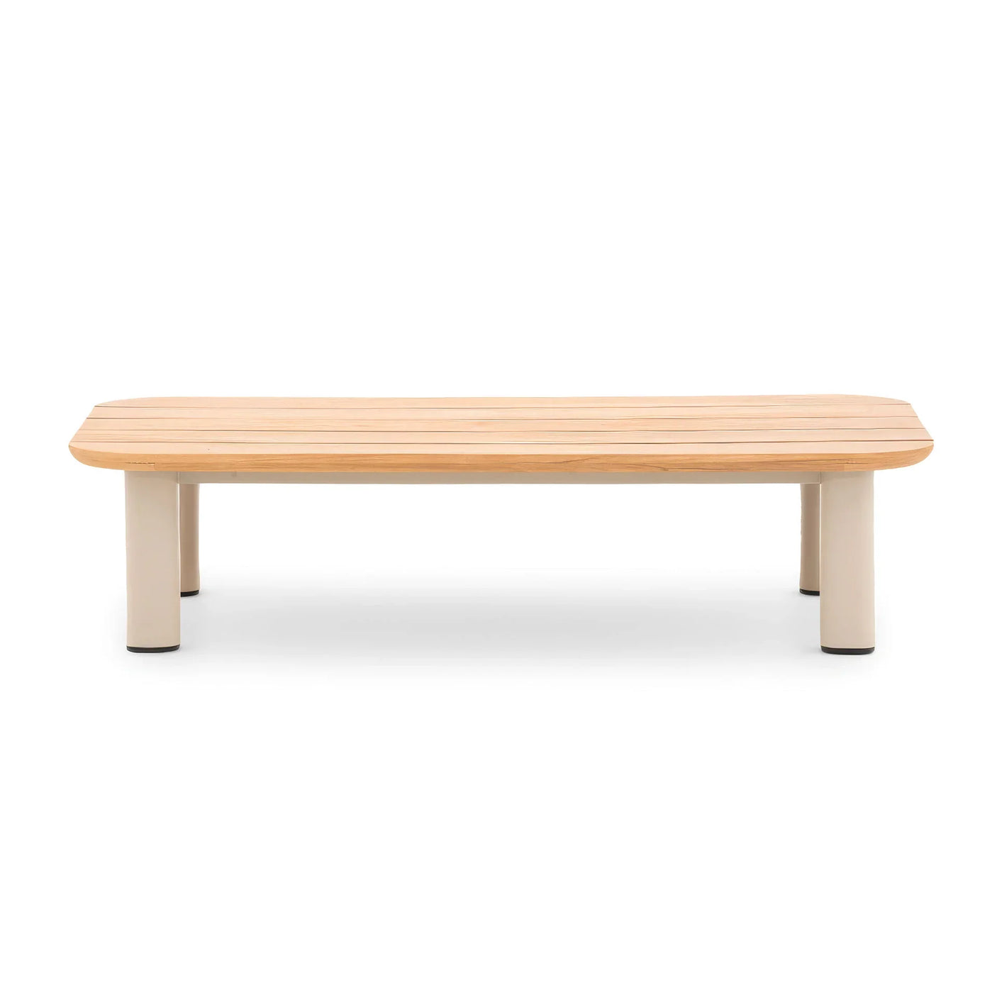 Rectangular wooden coffee table with light legs and slatted top, front view