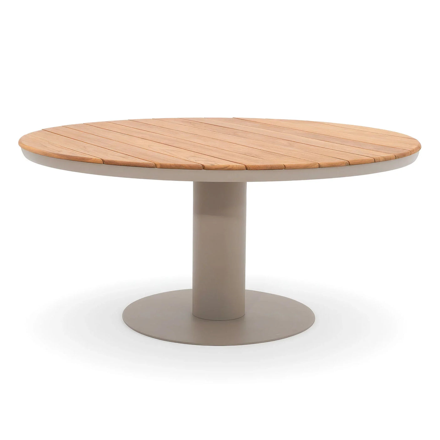 Round wooden dining table with light wood slatted top and beige pedestal base on white background