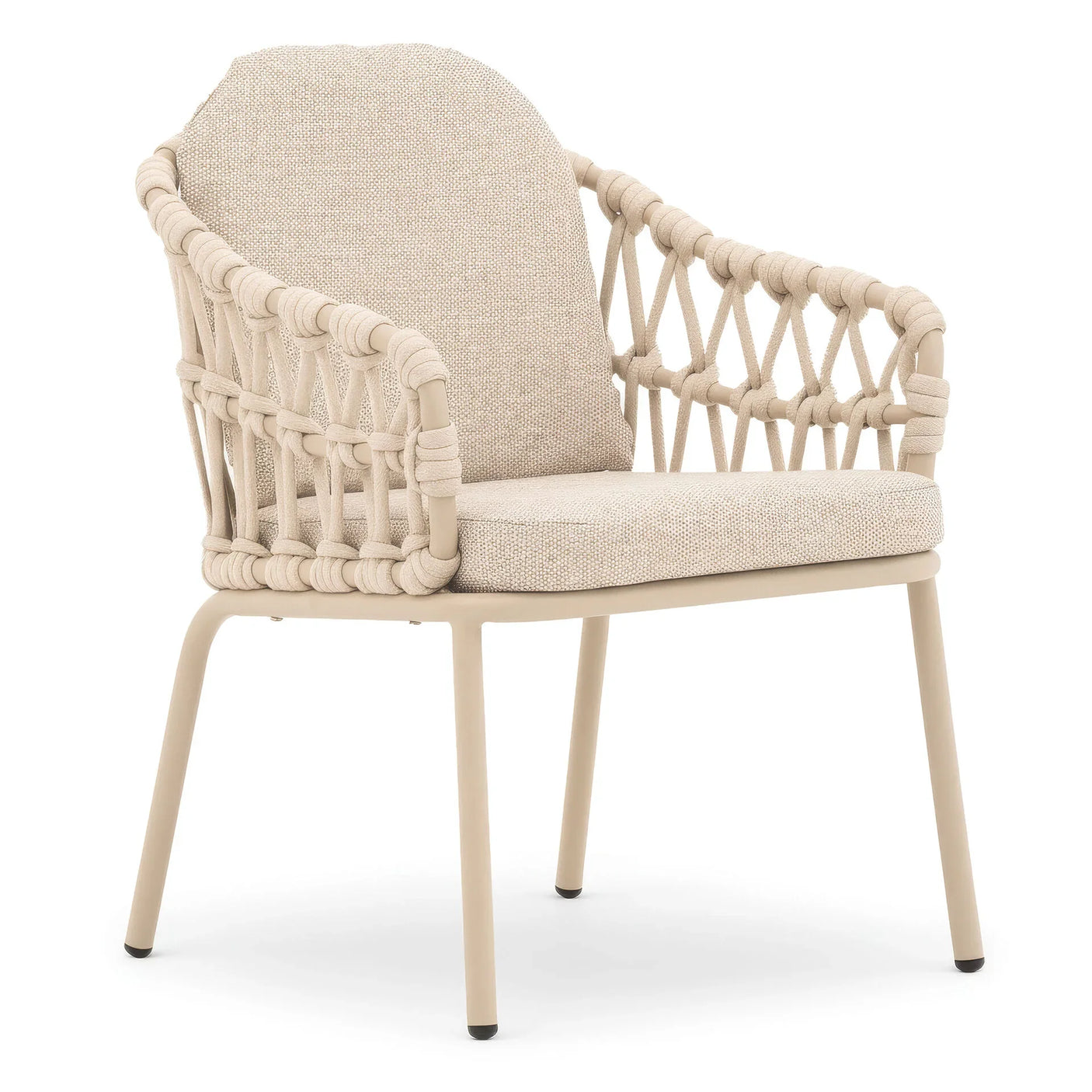 Beige rope arm dining chair with cushioned seat and back on metal legs