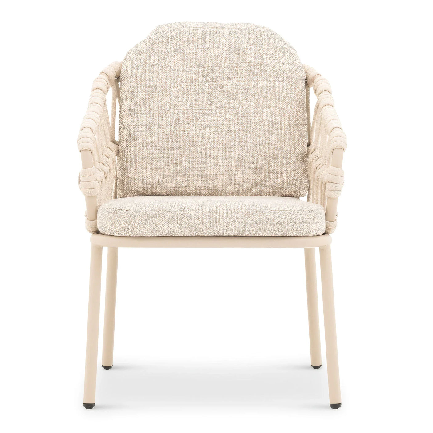 Beige woven rope dining chair with padded seat and backrest, front view