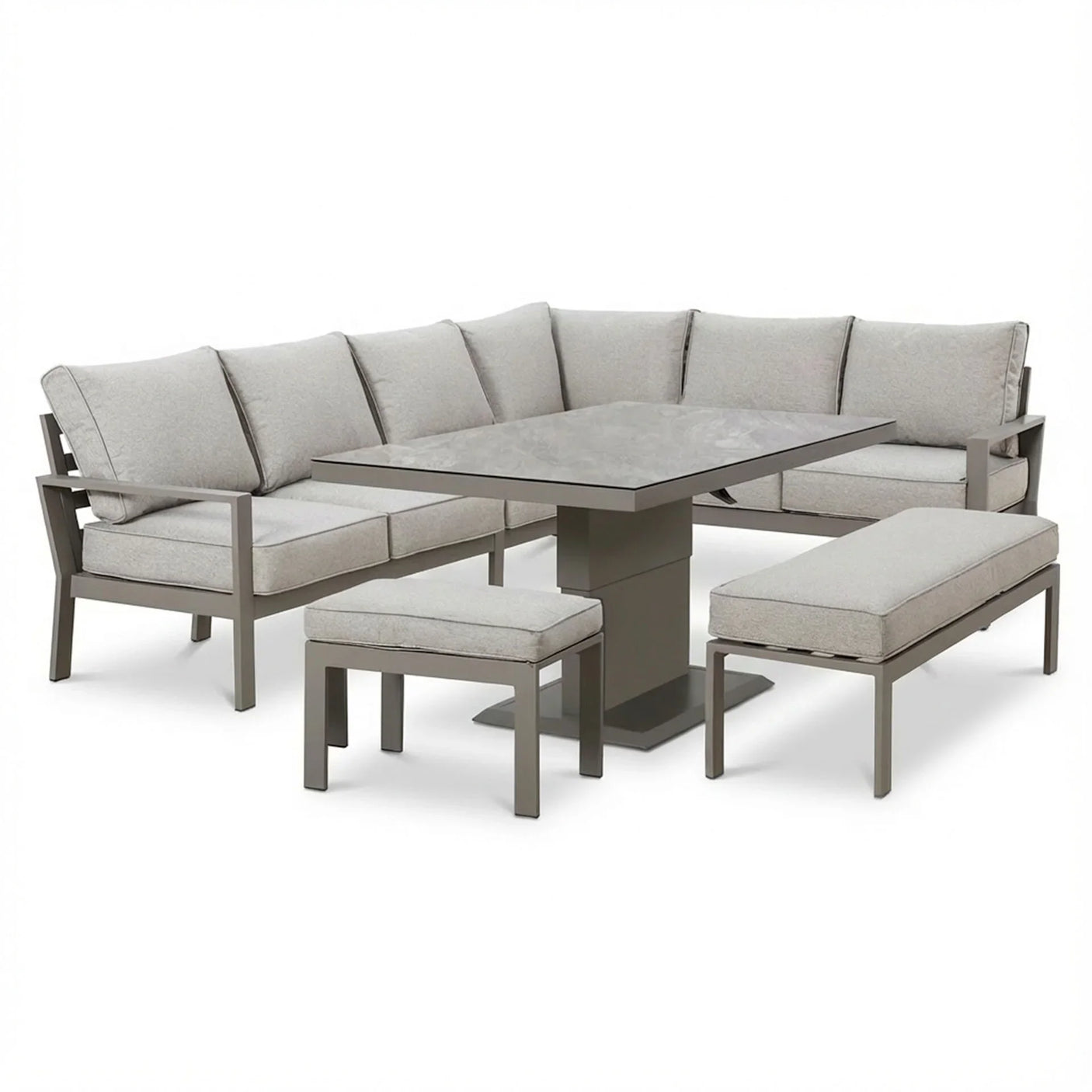 Grey corner sofa set with cushions, matching dining table, bench and stool