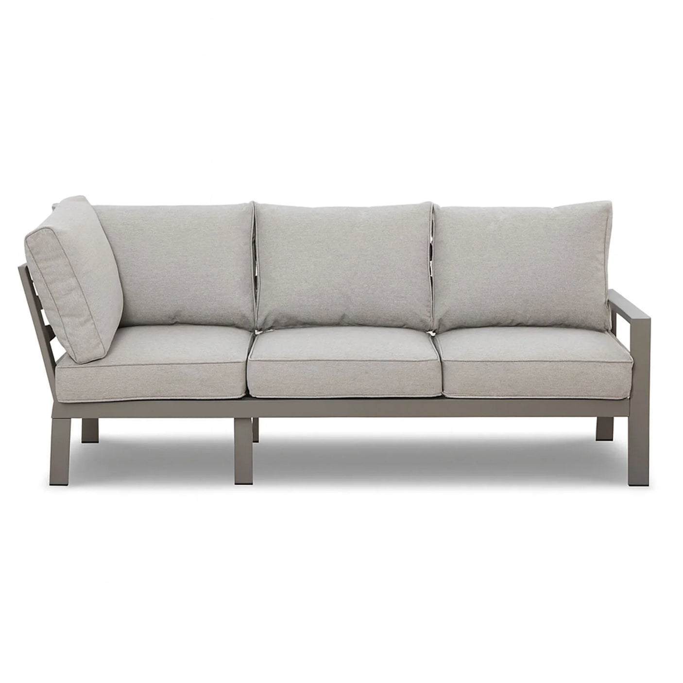 Light grey outdoor sofa with metal frame and thick cushions, front view
