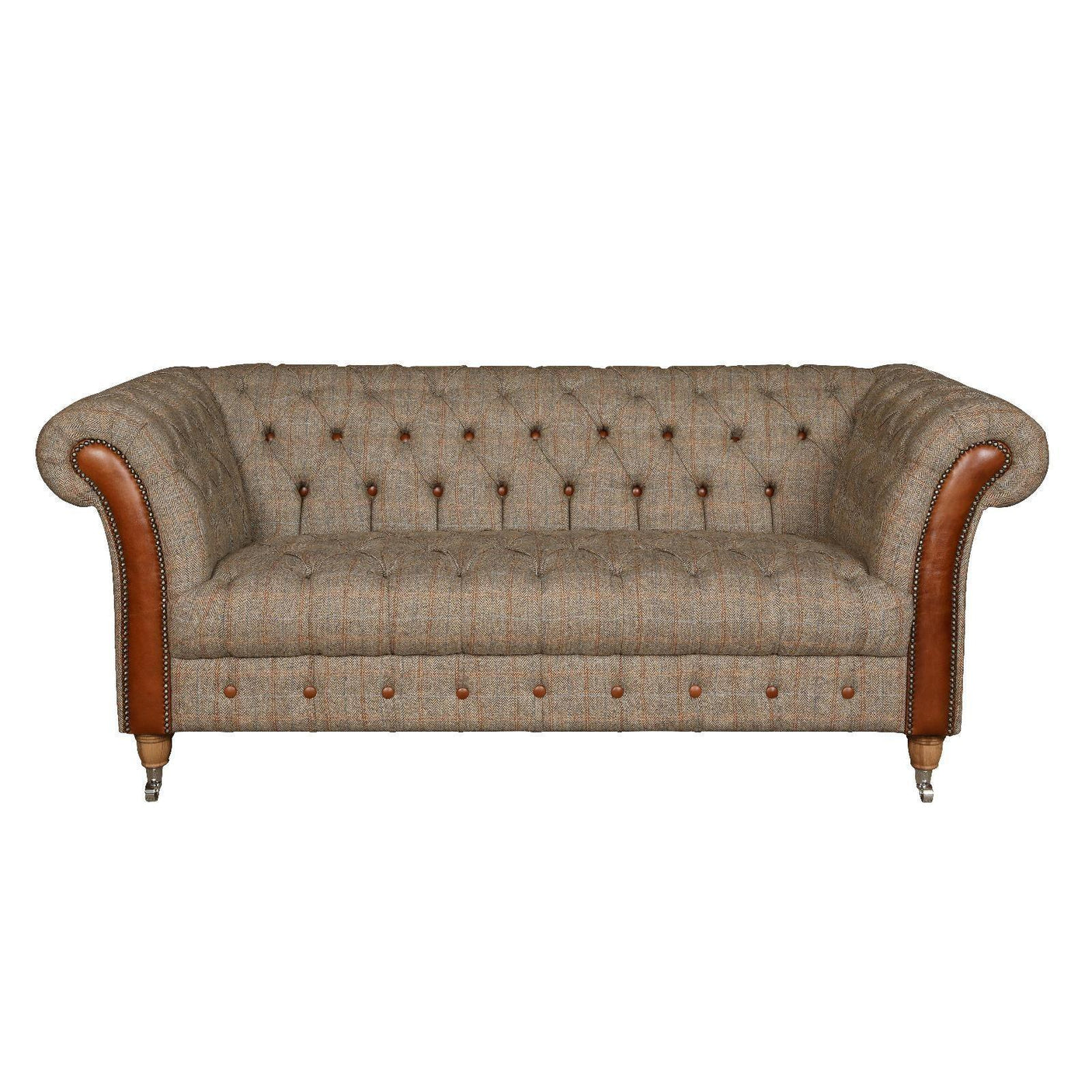 Chesterfield sofa with brown tweed upholstery, leather arms and button tufted detail