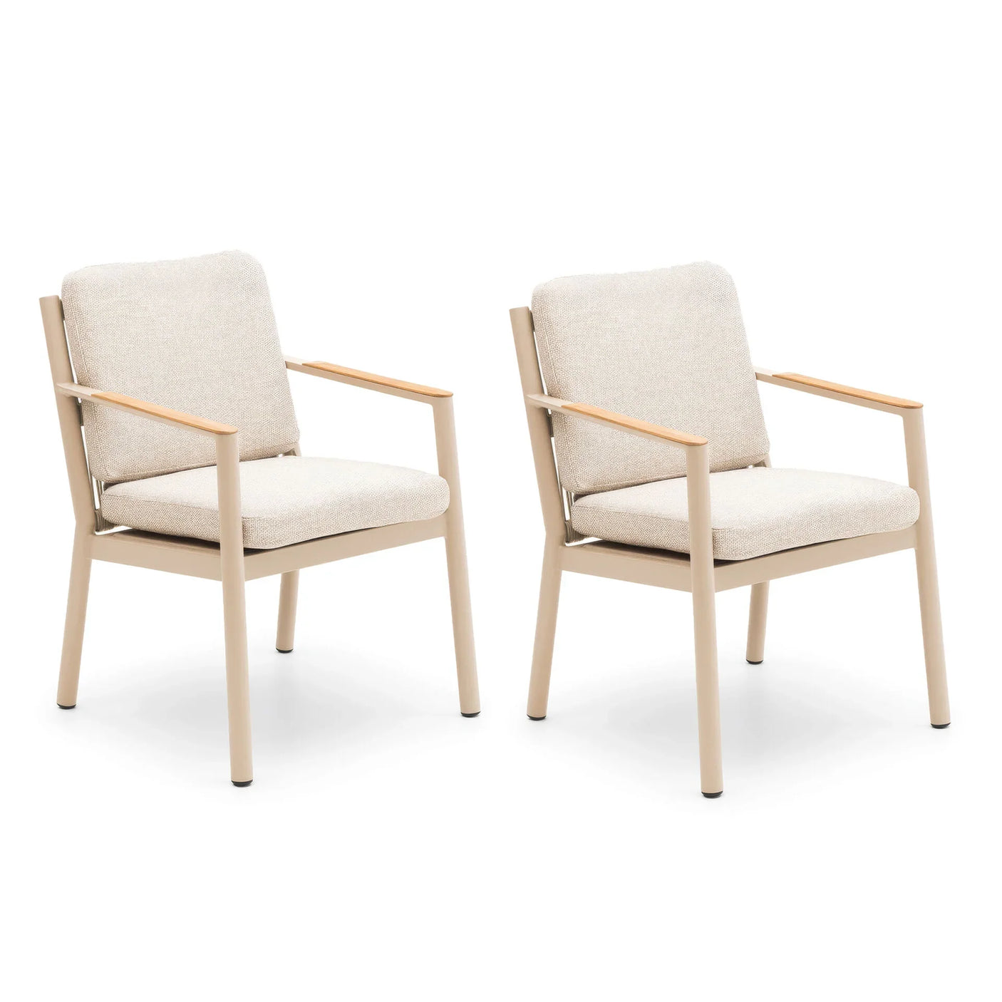 Pair of beige fabric dining chairs with metal frames and cushioned seats