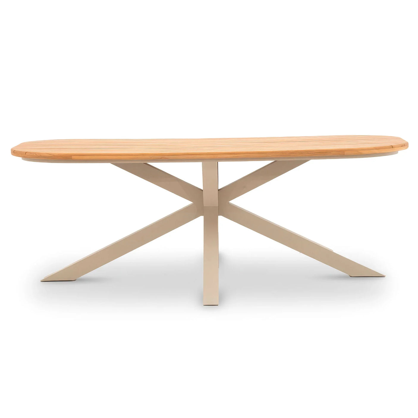 Wood dining table with oval top and beige crossed metal legs, front view