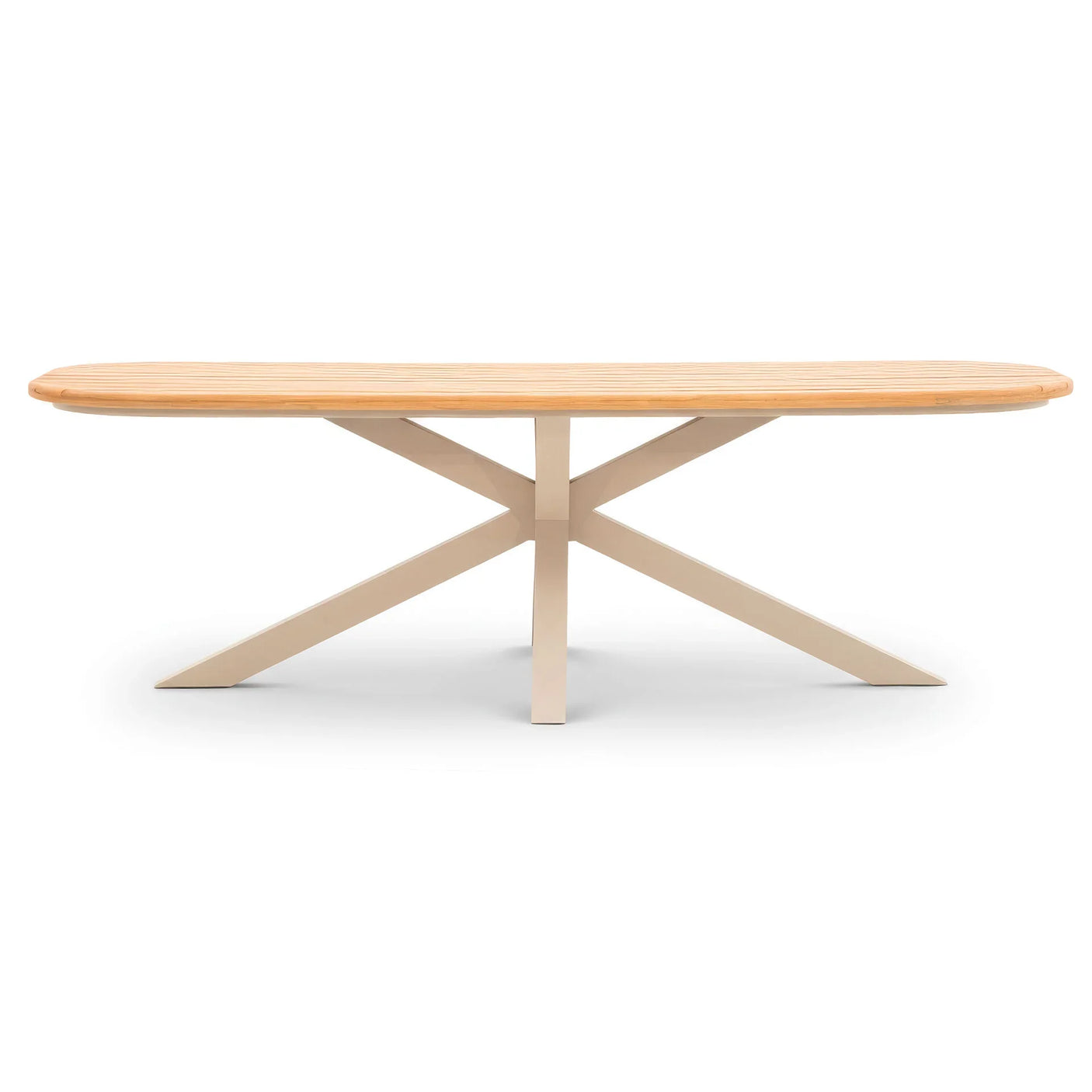 Oval wooden dining table with slatted top and beige crossed legs, front view