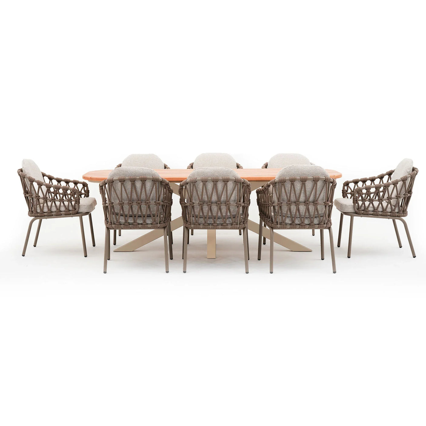 Rattan dining set with oval wood table and eight cushioned chairs, front view