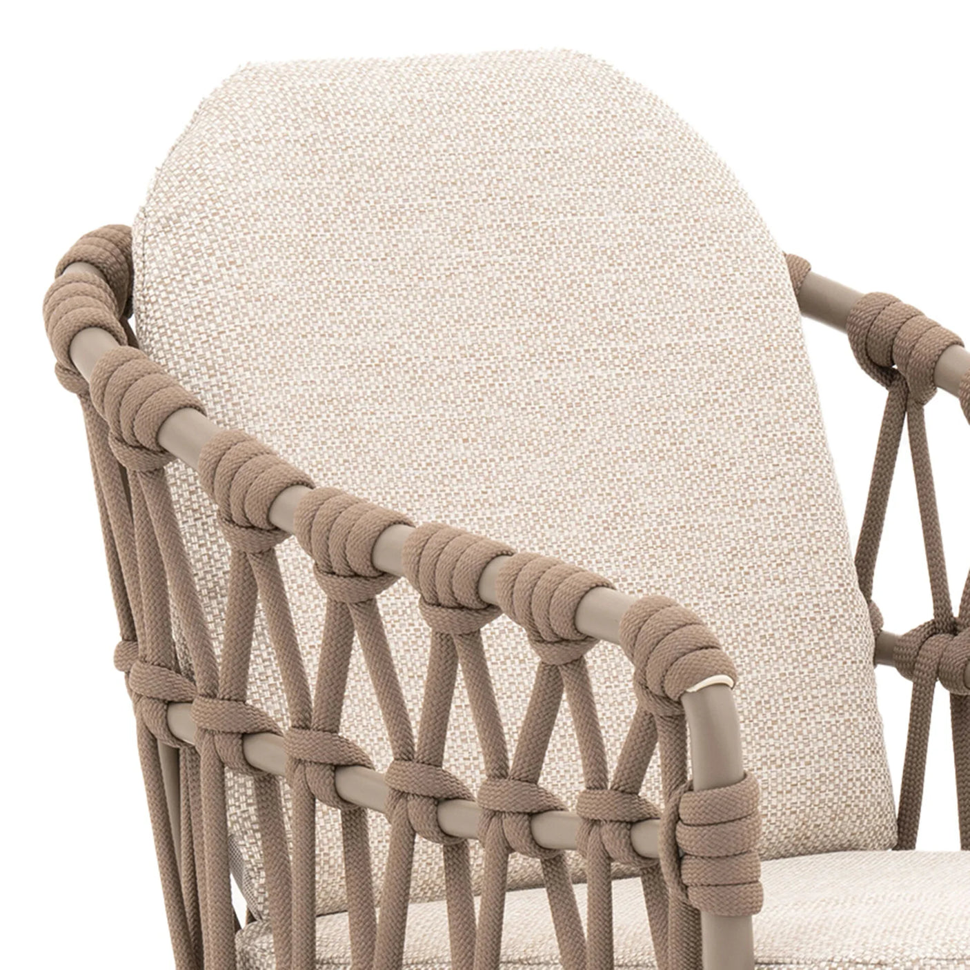 Close view of beige woven outdoor chair with rope detailing on armrest and backrest