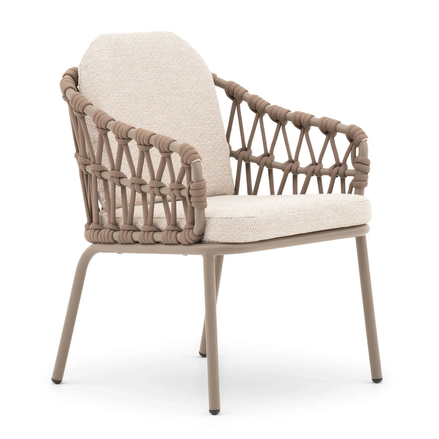 Beige rope dining chair with cushioned seat and back, taupe metal frame, angled view