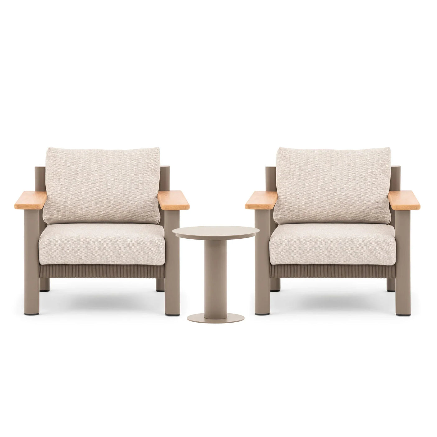 Beige outdoor armchair set with wood armrests and round side table on white background