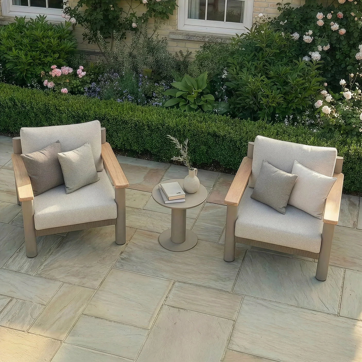 Outdoor patio armchairs with neutral cushions and side table on stone paving in garden setting